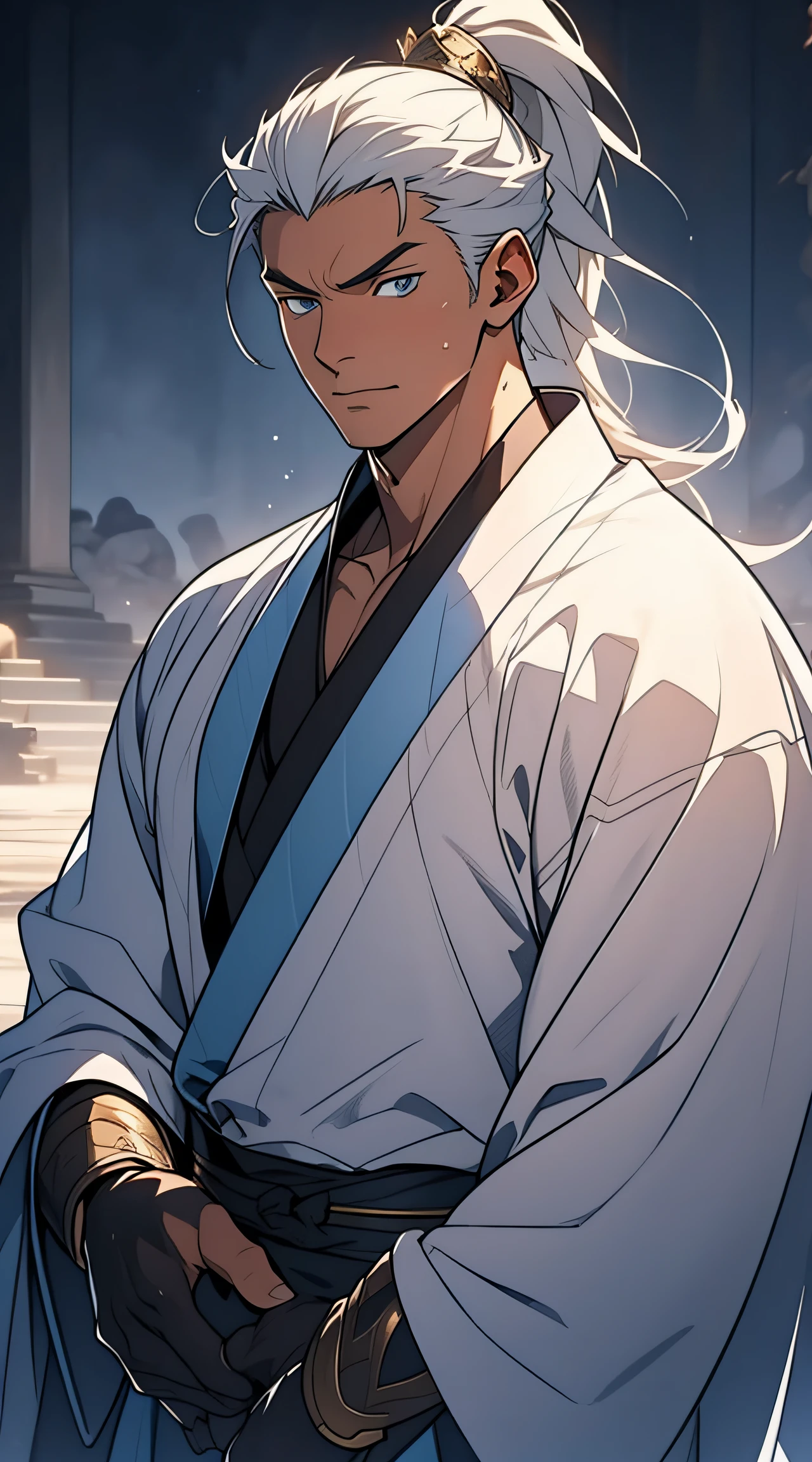 quadratic element，style of anime，mtu（Male Warrior），The proportions are correct，Face details，swordsmen，High ponytail hairstyle，Neck details，There is an Adam's apple，White robe，kaftan，long white robe，clothes details，Handing over，longer sleeves，Game quality，Swordsmanship，Light and shadow tracking，Ray traching，detailed glow，cg render，hair detail，cabelos preto e longos，blue colored eyes，Handsome，Handsome，（juvenile sense），Clothing is complicated，Perfectcomposition，Refinement，high qulity，higher details，Lots of details，The background is complex，a sense of atmosphere，