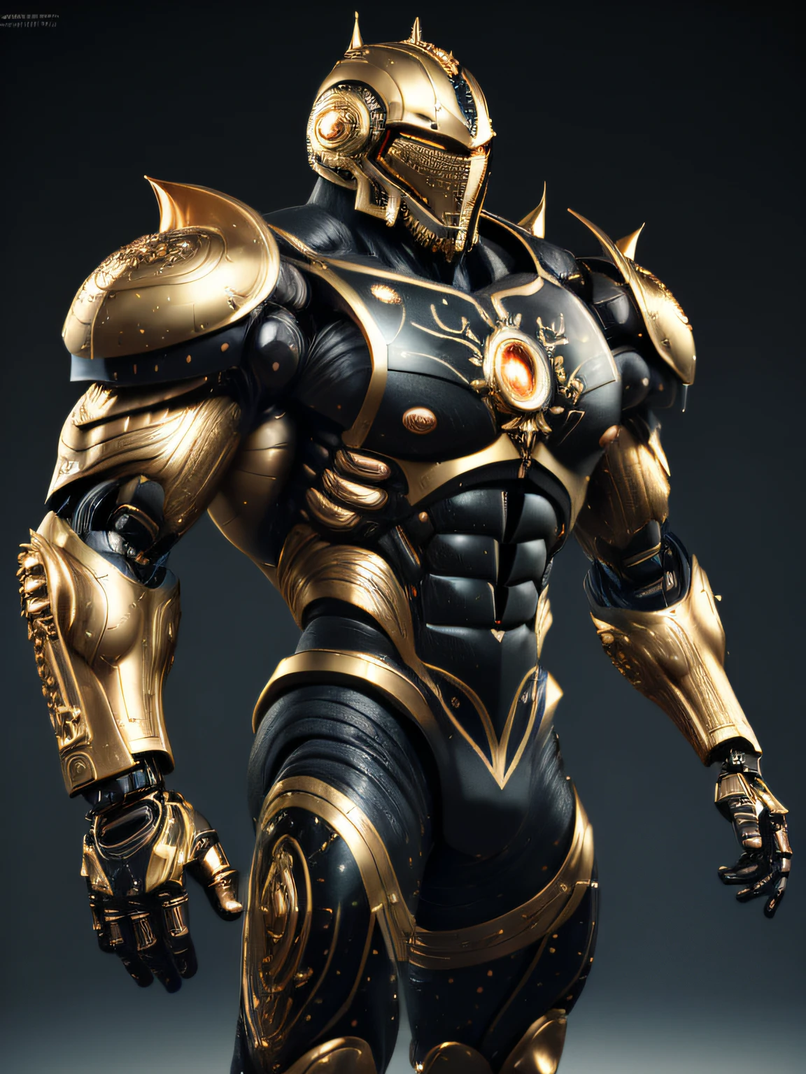 (EbonyGoldAI:1.25), (Scifi:1.25), (a man). Closed helmet. One-piece helmet, Expressive and highly detailed male face, heroic, Detailed realistic open eyes, (Bodybuilder body: 1.5), narrow waist. Detailed, intricate. (robotic arms and legs), (Topless man) (exposed chest), Boots, armbands, shoulder protectors. Realistic, Photorealistic, high contrast, high saturation, Highly detailed, high quality, Masterpiece, volumetric light, vibrant colors, Bokeh, Depth of field. Black and Gold body.