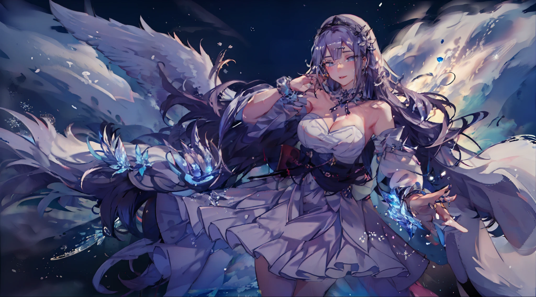 Works of masters，Best image quality，Higher quality，high detal，超高分辨率，8K分辨率，full body shot shot，exquisite facial features，s the perfect face，Glowing skin，femele，A princess，solo person，short eyebrows，Gradient eye，Watery eyes，Glowing eyes，Magic pupil，Sparkling pupils，Beautiful pupils，long eyelasher，Heart-shaped mouth，lipsticks，proud，ssmile，short detailed hair，whaite hair，By bangs，Qi bangs，Dull hair，Princess Roll，Princess cut，shairband，hijabi sluty，Bow hair ornament，Crescent hair ornaments，Lolita hair accessories，feathers hair ornament，Head flower，hair pin，hair adornments，heart-shaped hair ornament，Bracelet，Collar，metalcollar，gyuru，Wristbands，pendant，brooch，hoop earings，bangle，ear studs，Sunburst jewelry，Pearl bracelet，eardrop，puppet rings，corsage，sapphire brooch，jewelery，choker necklace，ribbons，Ribbon trim，lace-trim，Skirt brace，Hand Guard，tiara crown，nail polish，See-through installation，offcial dress，frilld，lacing，Get wet，Bare shoulders，bare-legged，Angel Tail，butterfly wings，Bird wings，featheredwings，Leprechaun wings，Ice wings，Wings of Ice and Fire，Put your hand to your mouth，looking in a mirror，self-shot，Winters，themoon，moon full，As estrelas，Ice and snow，snowflower，meteor shower，kosmos，the sea，beachside，dream magical，8-bit games，Polaroid Art，ASCII Art，Cinematic lighting，ice magic，Ice system reform，Frappuccino，Crystallization，The Law of Light，Starry Sky Law，Moon Law，Snow Moon Law，Crystal method，Winter snow method，Colorful stars，Sink into the sea of stars，Star sideburns，Star Angel
