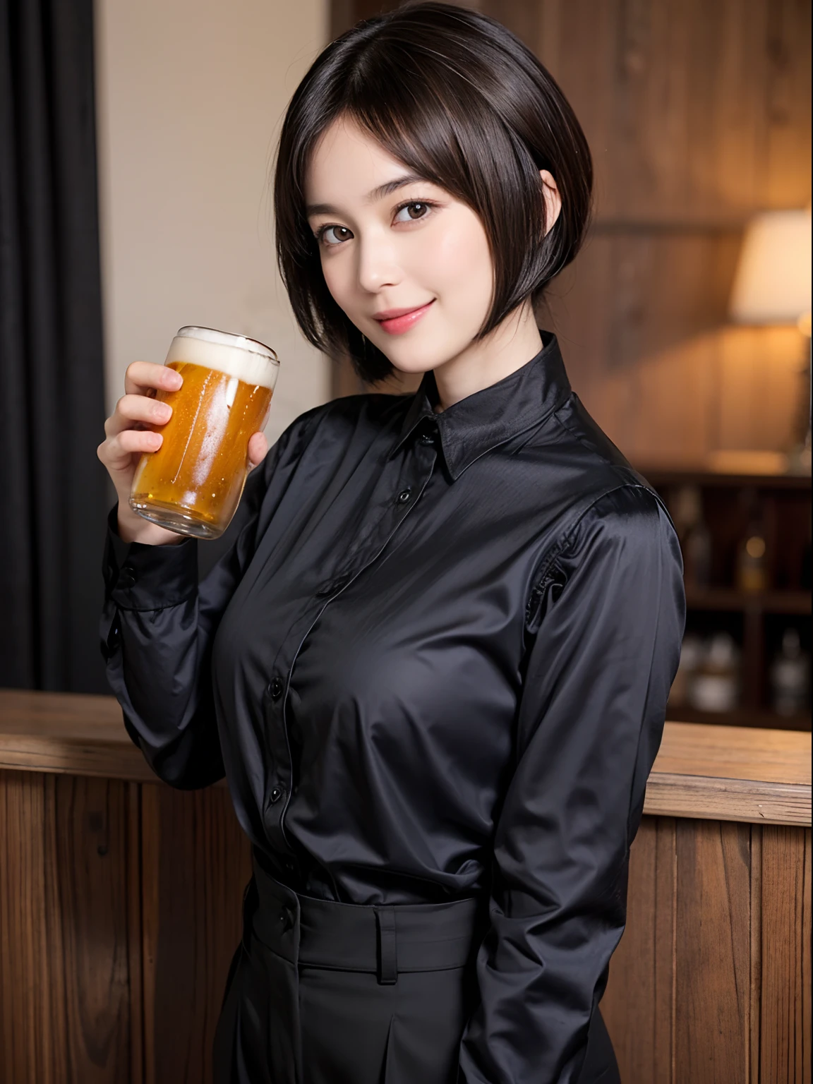 88
(a 20 yo woman,is standing), (A hyper-realistic), (masutepiece), ((short-hair:1.46)), (Smooth black hair), (Breast:1.0), (kindly smile), wear long pants, (Wearing a long-sleeved shirt), (Beautiful skin:1.5), (Drinking beer)v