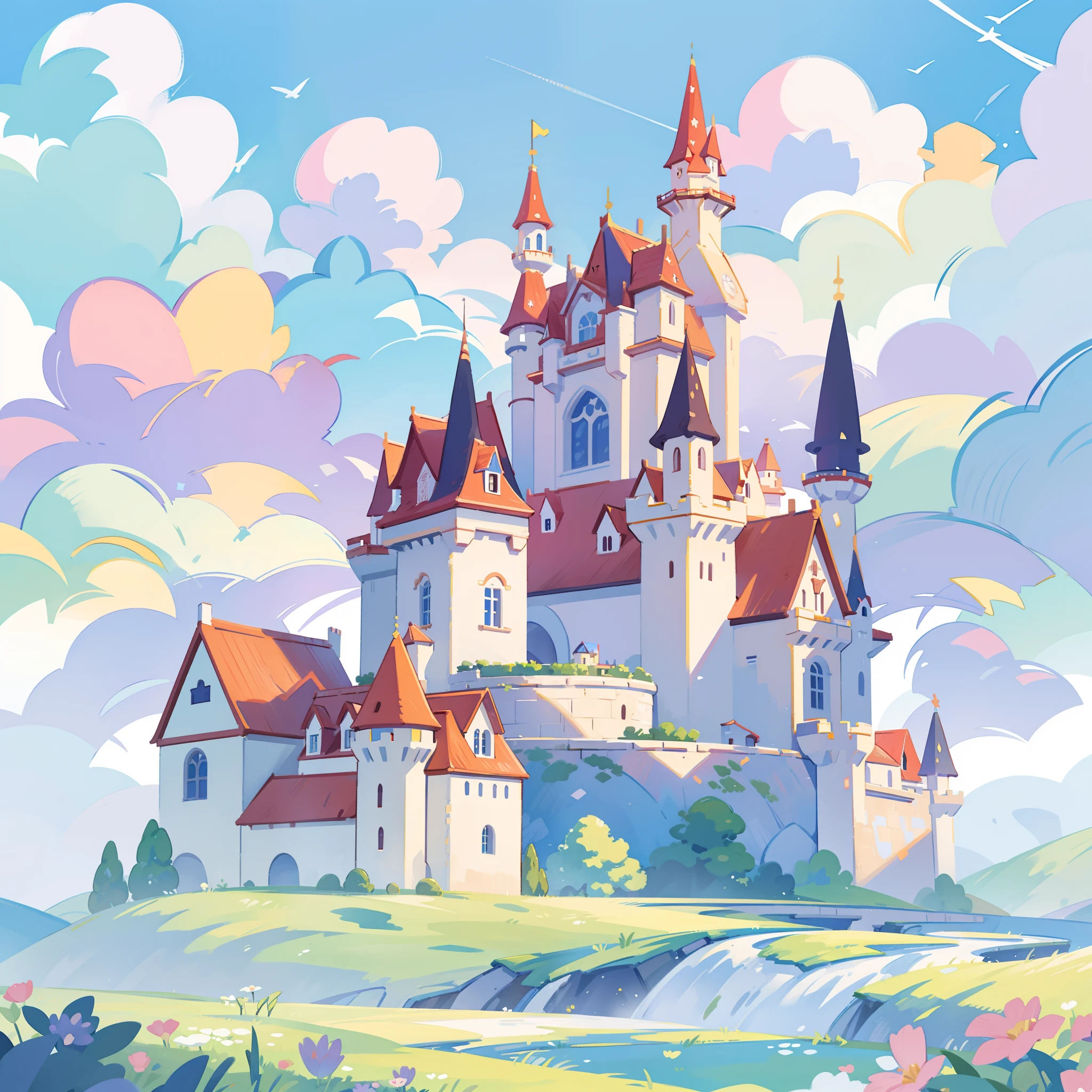 picture book illustration, watercolor storybook illustration, princess castle, fairytale castle, fairytale towers, clouds, vibrant pastel colors, dream, colorful, whimsical, magical, masterpiece, best quality, sharp focus, intricately detailed environment, fine detail, 8k resolution