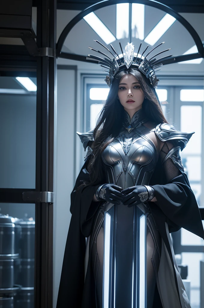 An Arad woman in a futuristic suit stands in a room with many metal objects, 《Prometheus》Still,  white russian clothes, rendering of beauty pageant, Mesh headdress, machine elves, luxury advertisement, The shoulders can be seen, Still frames in animation