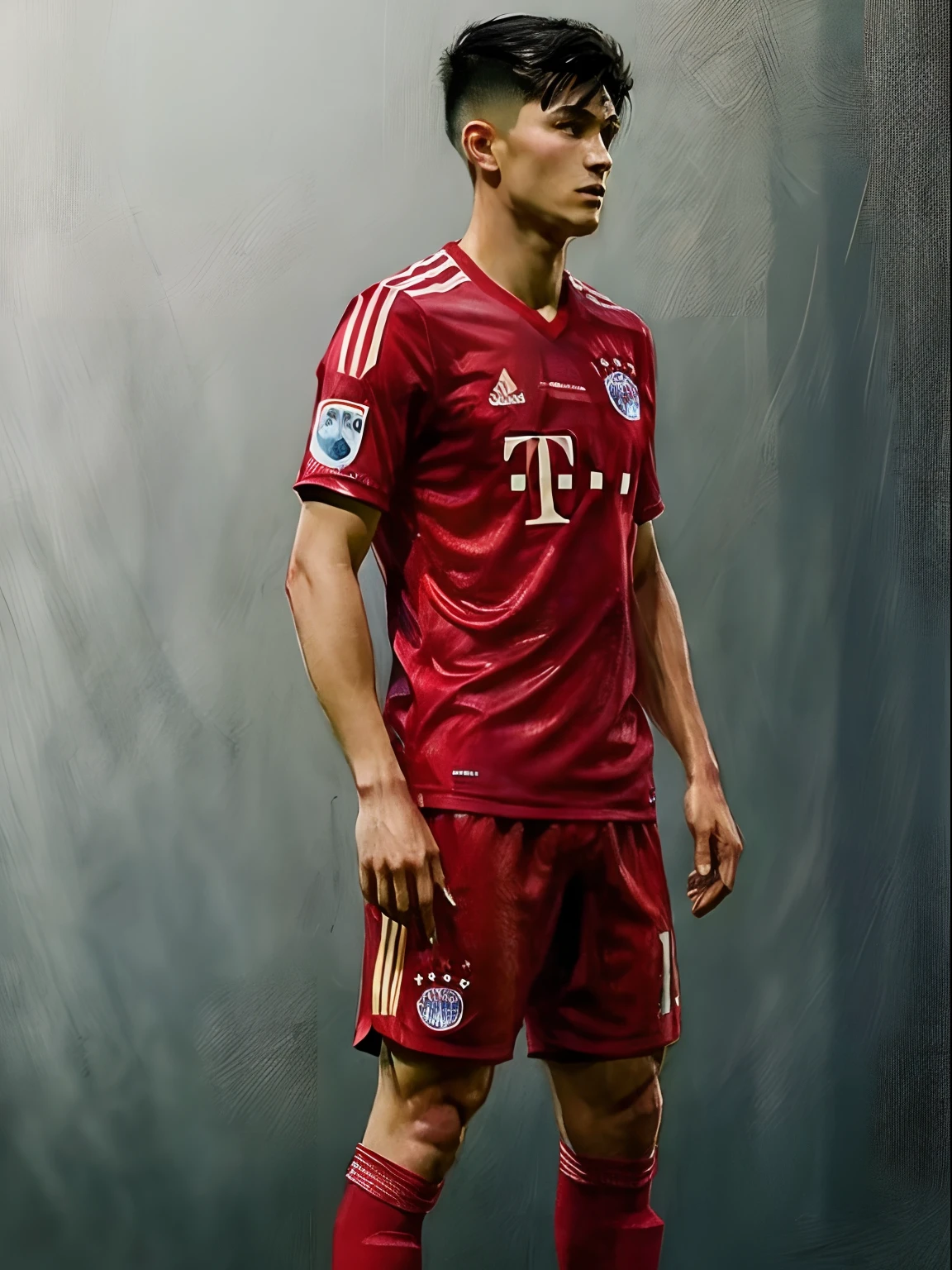 Homem Soccer Player face, style greg rutkowski realist, style anime, Japanese 18 years old, in Bayern de Munique, tatuagens no corpo