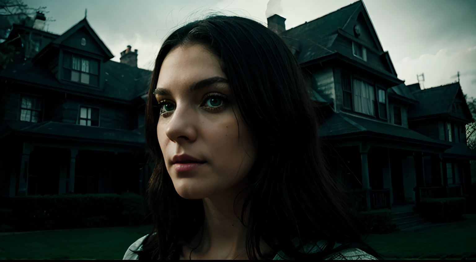 thriller book cover, white woman with green eyes, photography, haunted house