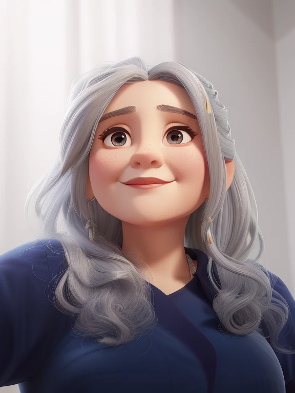 There's a woman with gray hair and a blue shirt, usando cabelos prateados, ficando cinza, cabelos grisalhos, cabelos grisalhos velhos, cabelos grisalhos, cabelos grisalhos nublados, Cabelos grisalhos escuros, longos cabelos grisalhos, alguns cabelos grisalhos, cabelos prateados, cabelos grisalhos lisos, cabelos grisalhos, com cabelos grisalhos escuros, cabelos longos prateados, imagem de perfil, longos cabelos prateados, flowing silver hair