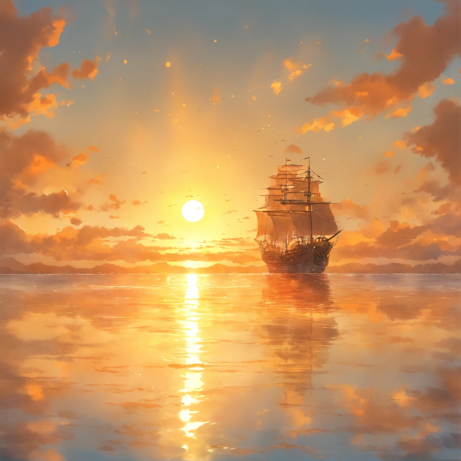 The endless sea, the sun reflects the golden light on the water, there is a lonely sailing ship in the distance, the sea is as quiet as a mirror,Big scene, lots of detail. lots of detail, lots of detail,Illustration, watercolor on textured paper,