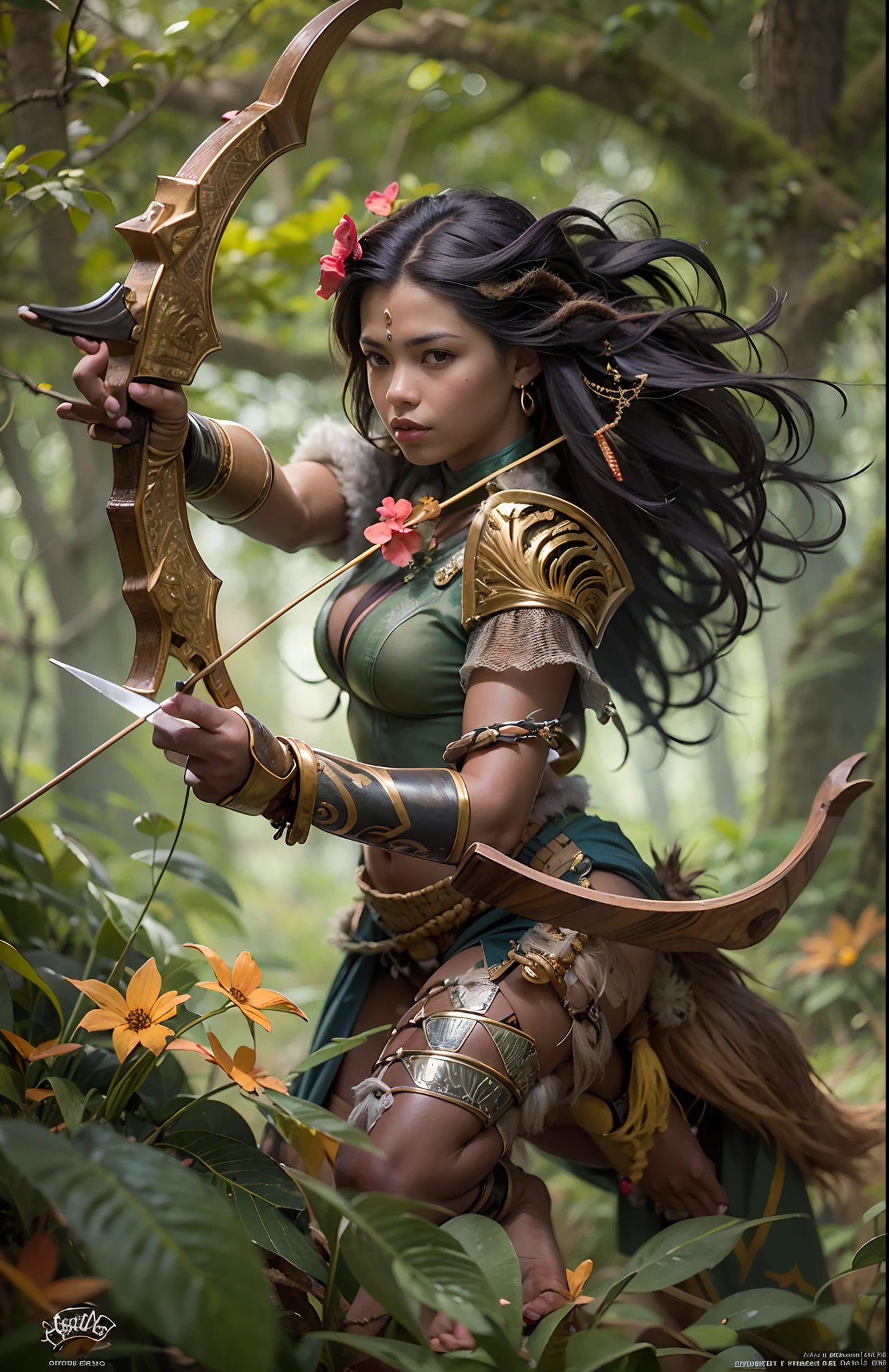portrait of a teen girl as an (Amazon Warrior:1.3) with a bow and arrow, highly detailed beautiful face, (forest in the background:1.2), dynamic pose, 8k uhd, vibrant colors, ((cinematic lighting)), smooth shading, mythological environment, photorealistic render, concept art, ((masterpiece)), ((best quality)), Fujifilm XT3