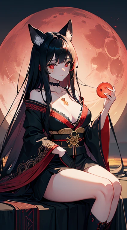 (extremely detailed CG unity 8k wallpaper), (((ultra-detailed))), ((extremely detailed)), (((best illustration))), best illumination, ((extremely delicate and beautiful)), ((an extremely delicate and beautiful girl)), colorful, modern city, (((red moon))), blood particles, ((1 girl, solo)), {{finely detailed beautiful eyes and detailed face}}, sad smile, long hair, (((black hair))), red eyes, beautiful detailed eyes, mature female, slender, medium breast, black red fox ears, (black red fox tail), (((intricate details))), (Black and red knee-length kimono dress), black knee thighs, medium height black boots with medium heel, ((black choker with red pendent)), lycoris flower birthmark on neck sitting, bishoujo, 19_years_old,