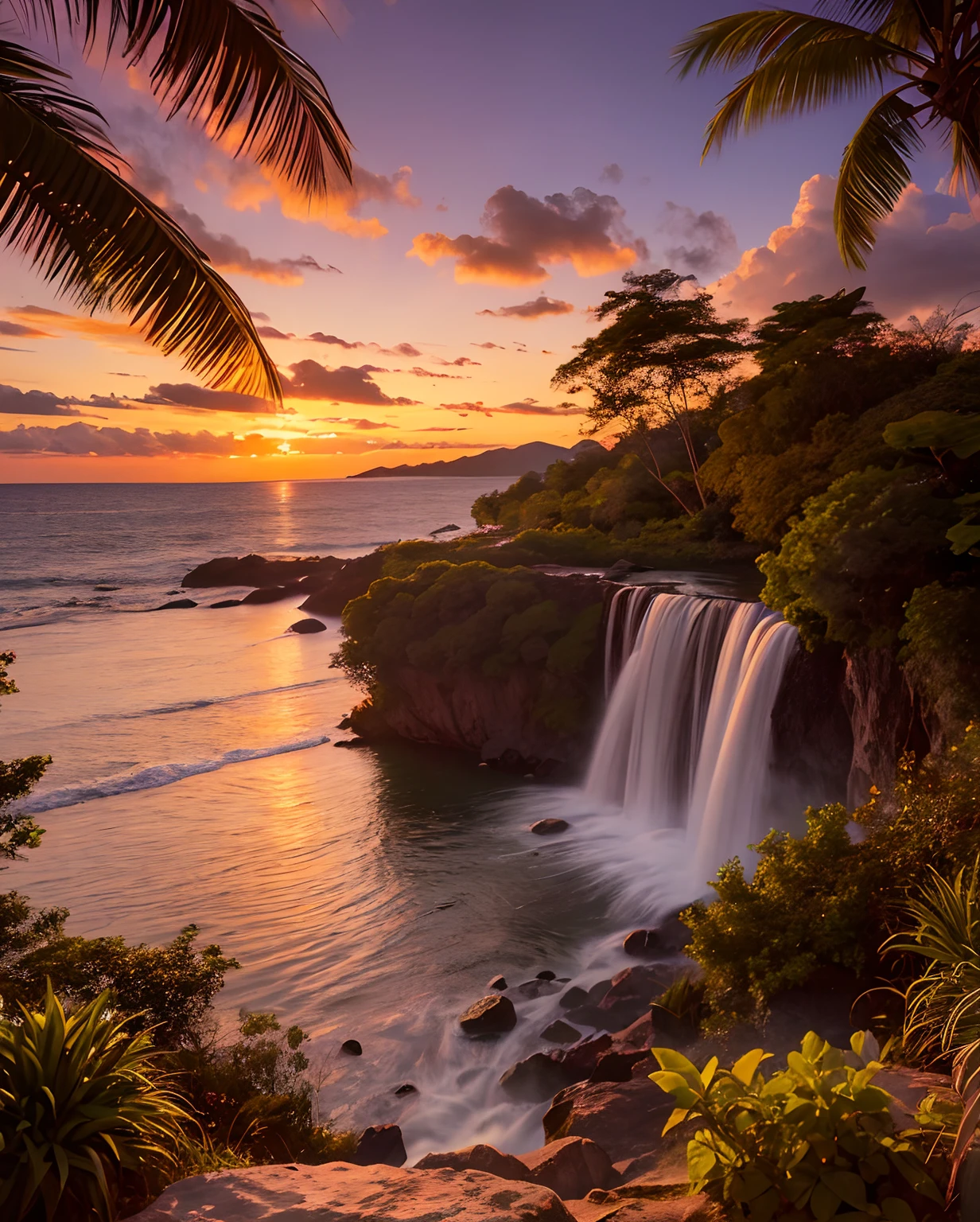 A vibrant sunset paints the sky in hues of fiery orange and sultry pink, casting a seductive glow over a lush tropical oasis, where cascading waterfalls merge with a secluded, pristine beach.