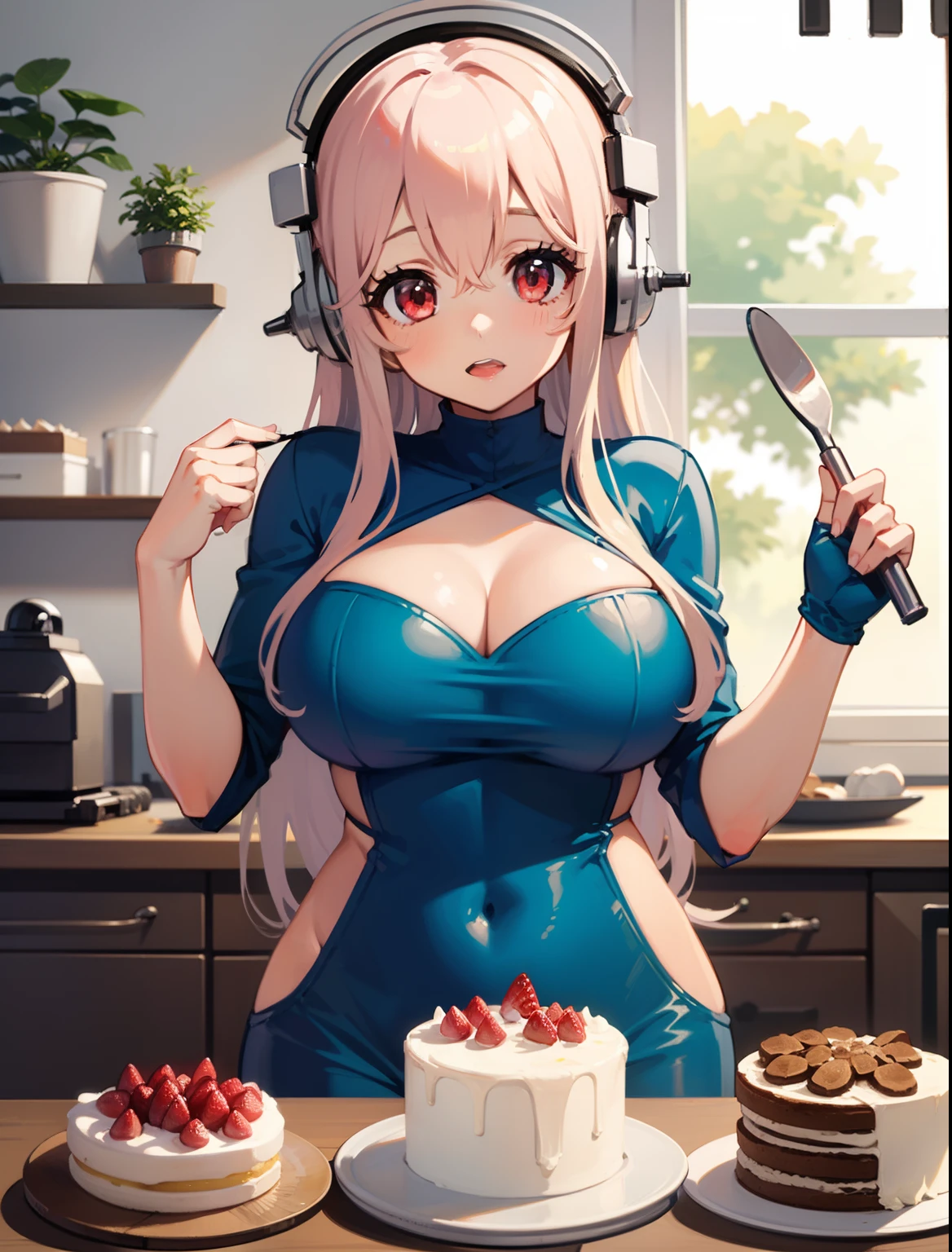 (1girl), Super Sonico enjoying baking cakes in the kitchen with white walls, with her red eyes shining and headphones on, decorating cakes in a tight bodysuit with blue and white colors, exposing cleavage, white high highs, big breasts, 1girl, solo, masterpiece, high quality
