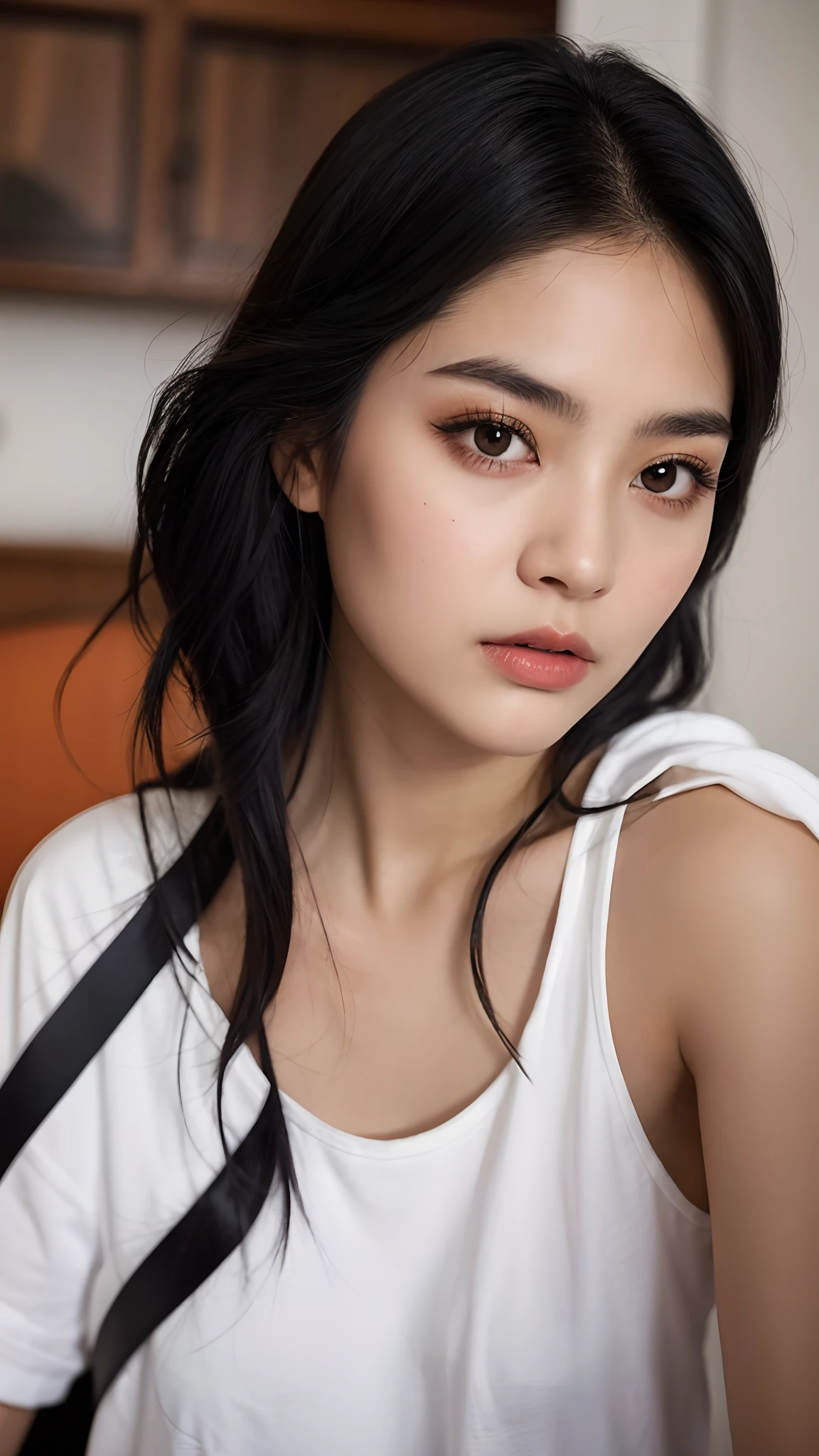 Woman with black hair and black eyes.