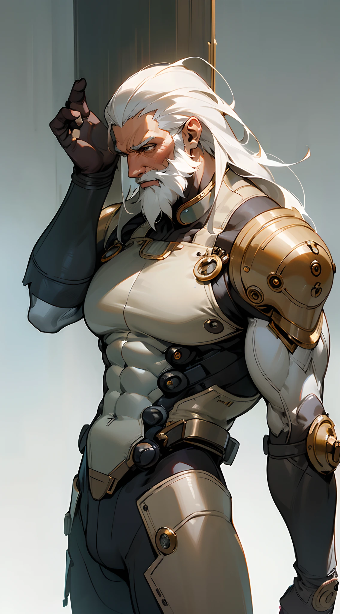 Handsome man , Gray hair , long hair , silver eyes , brown skin , ((very muscular:1.3)), ((gray beard:1.1)), muscular arms ,  very tall , age 60,

in the style of cyberpunk futurism, african influence, etam cru, light blue and gold, michael creese, steelpunk, michael hussar, white background

(masterpiece, best quality:1.3),beautiful detailed glow,best illuminate,(((best quality,textile shading,ultra detailed))),extremely detailed CG unity 8k wallpaper,Highly Detailed beautiful and aesthetic,best light,high resolution,detailed,dynamic lighting , 1Character ,  pastel washed out colors , cell shade , soft, muted shades ,gentle colors ,