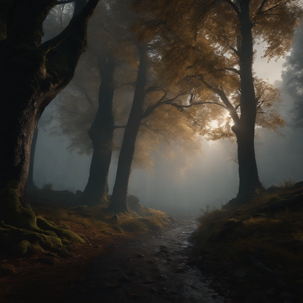 magic landscape,elden ring, dark arts, the witcher,realistic photo,breath taking, sharp lense, professional photographie, 70mm lense, detail love, good quality, unreal engine 5, wallpaper, colerful, highly detailed, 8k, soft light, photo realistic,((heavy rain)), Dark, forest, ((trees)) ((more trees)) really dense forest
