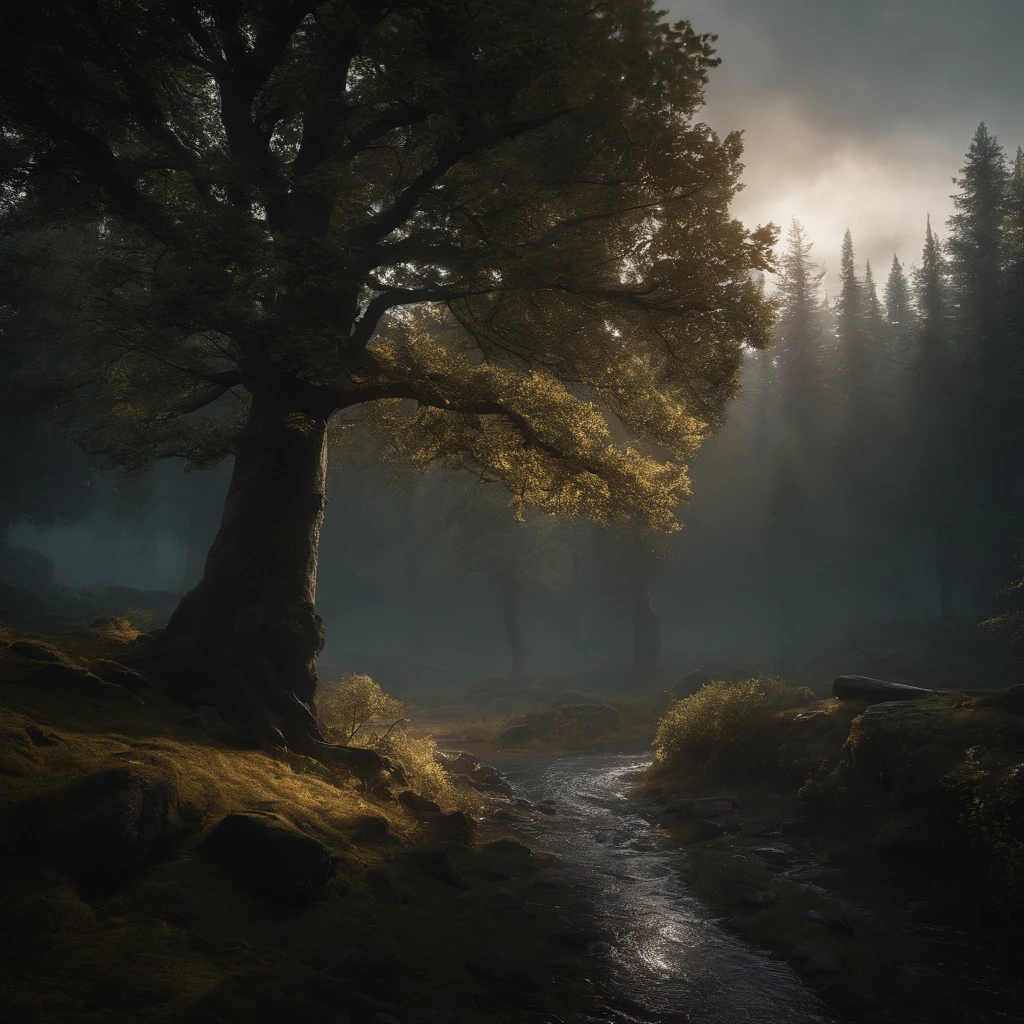 magic landscape,elden ring, dark arts, the witcher,realistic photo,breath taking, sharp lense, professional photographie, 70mm lense, detail love, good quality, unreal engine 5, wallpaper, colerful, highly detailed, 8k, soft light, photo realistic,((heavy rain)), Dark, forest, ((trees)) ((more trees)) really dense forest