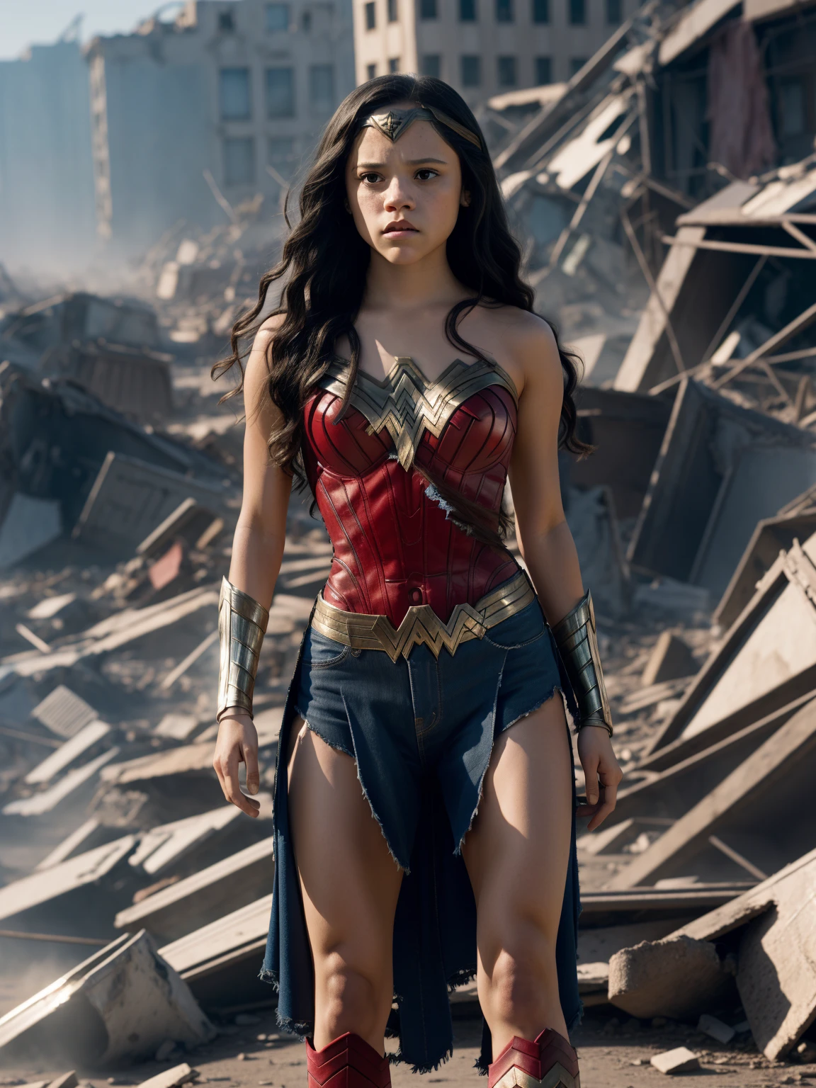 jortega, jenna ortega as Wonder Woman, detailed face, sad expression, torn clothes, alien invasion, destroyed city