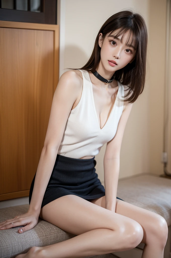 (Best quality, 8K, masutepiece, Ultra HD: 1.3), 1girl in, small tits ,Light brown hair, Blunt bangs, hair behind ear, hair over shoulders, Long hair, Slender body type, ultradetail face, Delicate lips, Beautiful eyes, Double eyelids, lipsticks, thin blush ,Black eyes ,perfect glossy shiny skins,Flawless skin White skin of the ,Sparkling sweat,Catch your eye, Fine cleavage,Ultra-thin pointer, Ultra-thin fingers, Shirt with collar, Tight skirts , beautifullegs ,Low heels. outside of house、Halfway through the appointment