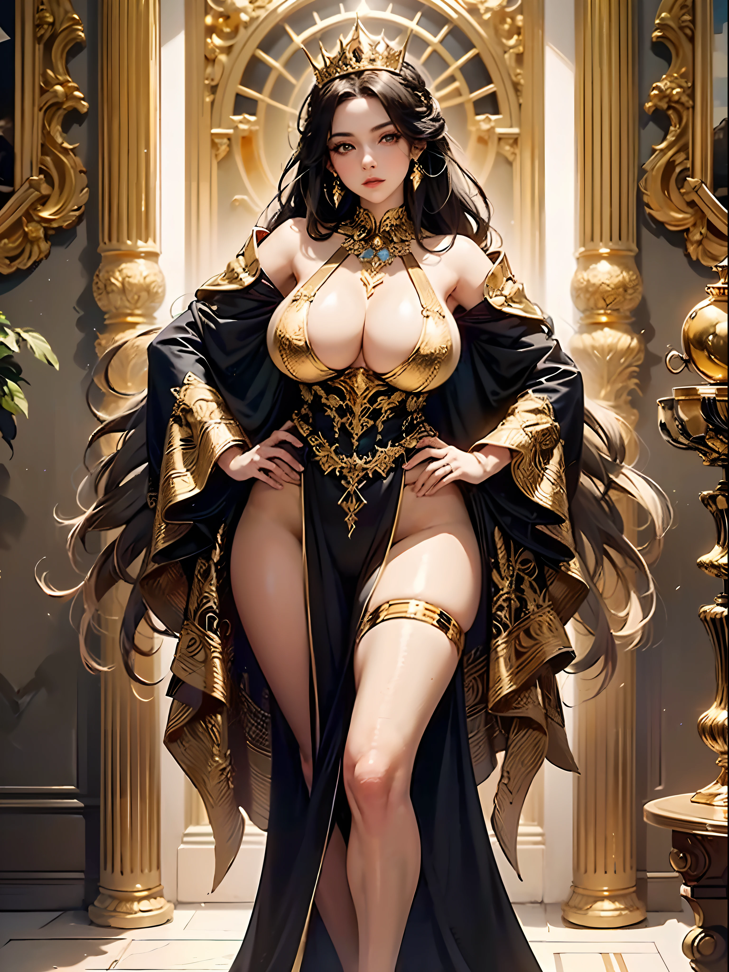 1girl, cowboy shot of a beautiful woman in empress gown, (golden skinned:1.6), cold gaze, (jet-black haired, french braid hair, golden tiara : 1.3), ((very huge breasts, wide waist and huge buttocks, thigh gap)), golden indoor palace, masterpiece, best quality, 8k