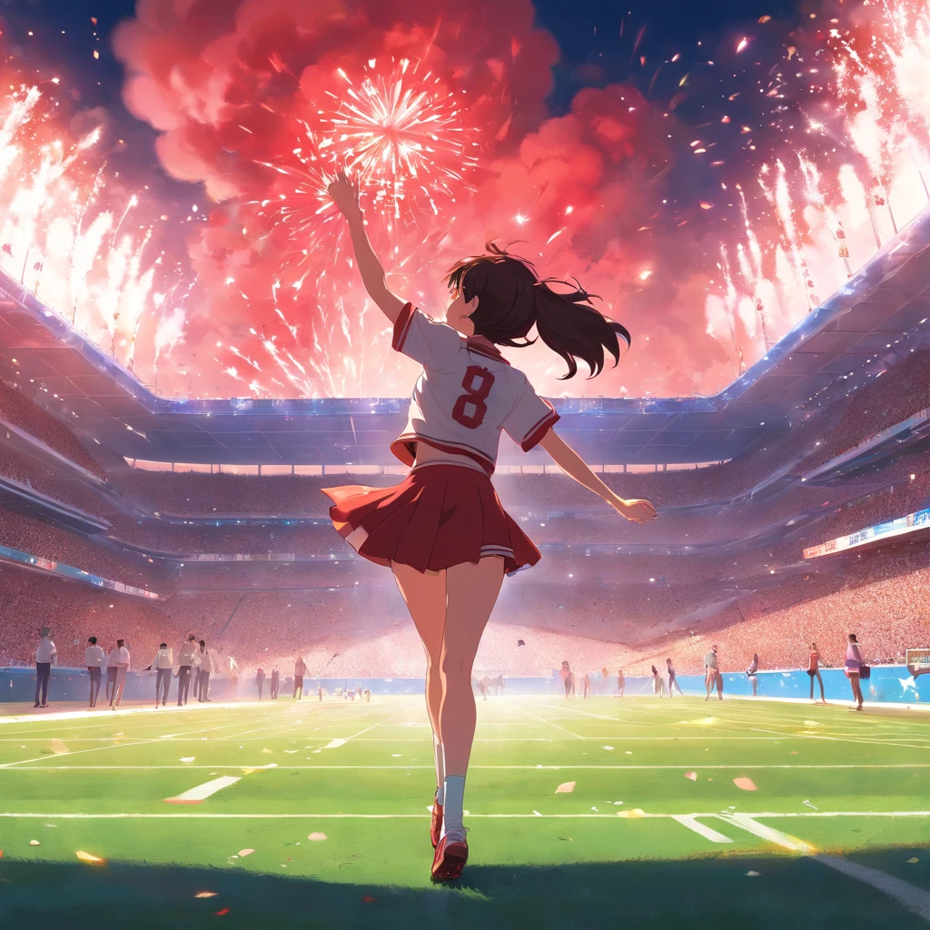 Create a view of the inside of a football field, Un joueur regardant la foule, Realistic Cheerleading, Drapeaux rouges, Red Smoke Bombs, grand drapeau rouge
