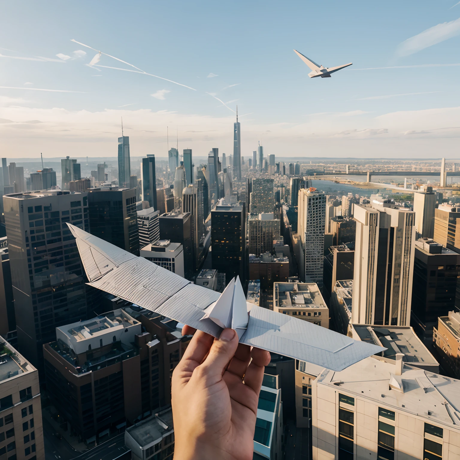 A paper airplane infront of a city skyline
