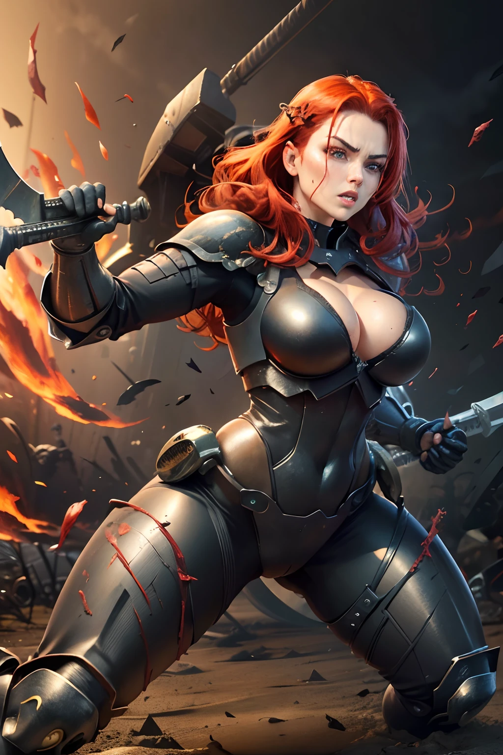 masterpiece, UHD, ((extremely detailed)), ((revealing battle suit:1.3)), (black battle suit:1.2), large beautiful breast, exposed breasts, ((sharp jawline)), slightly opened mouth, ((serious expression)), (extremely detailed face), battle stance, weapons in hands, ((clear hands)), ((detailed hands)), (holding weapon in hands), ((battle stance pose:1.3)), (war background:1.2), war going on in the background, ((detailed soldier:1.2)), looking at the viewer, front view, historical, dynamic pose, (dynamic battle stance), sole girl, 1girl, ((exposed cleavage)), red hair, red beautiful hair, detailed red hair