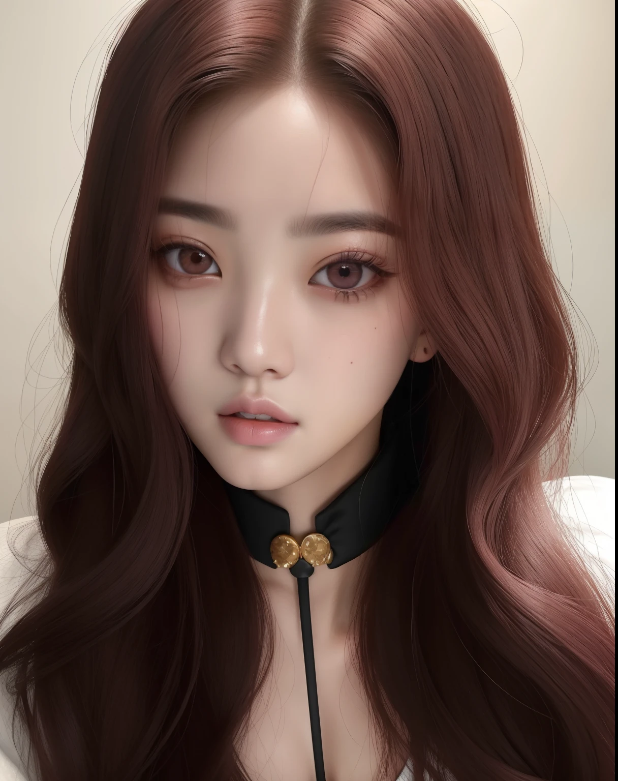 um close up de uma mulher com cabelos longos usando uma gravata borboleta, Ulzzang, wan adorable korean face, Jinyoung Canela, com rosto redondo, Jaeyeon Nam, young adorable korean face, menina coreana, com cabelos longos e olhos penetrantes, Jisoo do Blackpink, Retrato Jisoo Blackpink, pale round face, Heonhwa Choe, jisoo do blackpink