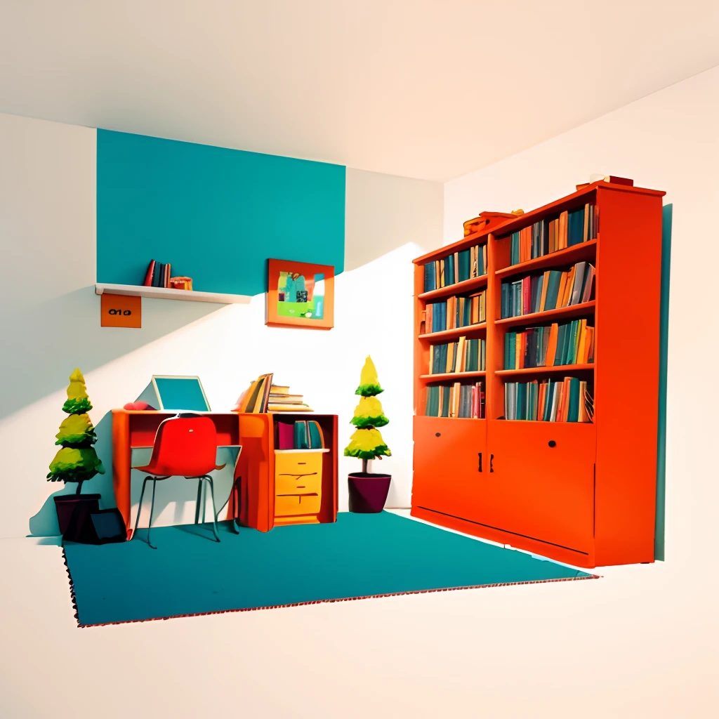 A picture of a little girl's library, animation background, minimal style, nineties colors,