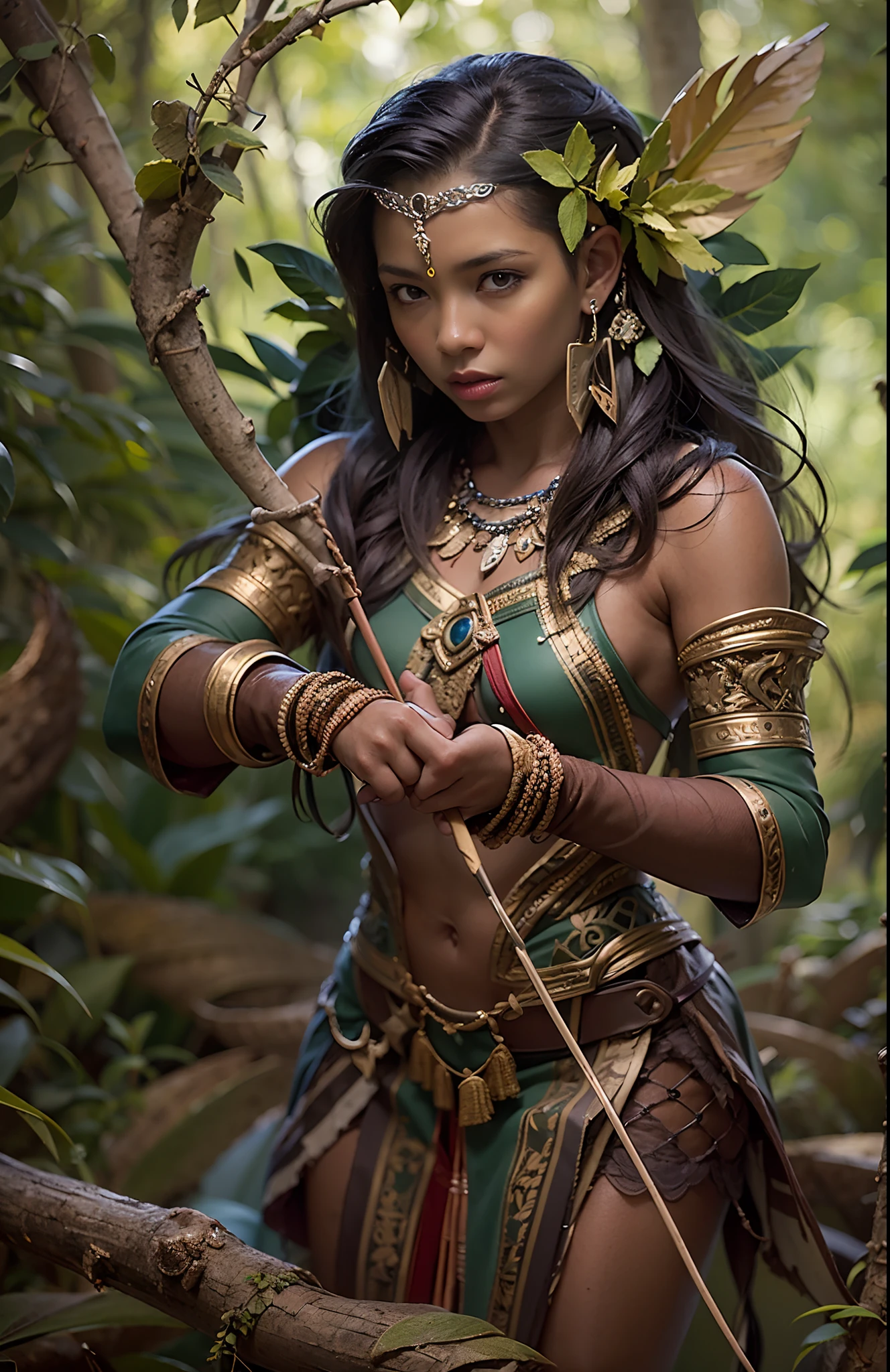 Style: "Prehistoric fantasy setting with a focus on authentic primitive clothing and accessories, reflecting the materials and craftsmanship of early human cultures." Solo woman portrait.
(Savannah Warrior Isanna is a beautiful prehistoric woman of the Negroid race.)
Face: Oval face with high cheekbones. The eyes are large, dark brown with a slight golden tint, the nose is wide with a soft tip, full lips are dark burgundy. The hair is very curly, black, long, braided in numerous thin pigtails. The skin is dark brown, with a copper tint.
Body: High, with expressive rounded forms. Well-developed muscles, especially in the legs and arms. Large breasts, flat stomach, wide hips. The legs are long and strong.
Tattoo: Primitive design in the form of zigzag lines, covering the left arm from the shoulder to the wrist. A small sun on the forehead above the eyebrows.
Clothing:
Material: Leaves and vines, natural green colors, slightly worn.
Bandage on the thighs: Made of thick vines and leaves, dark green, to the middle of the thighs.
Cape: Light, made of leaves, decorated with flowers, falls on the shoulders.
Necklace: Made of large stones and shells, hanging from strings of vines.