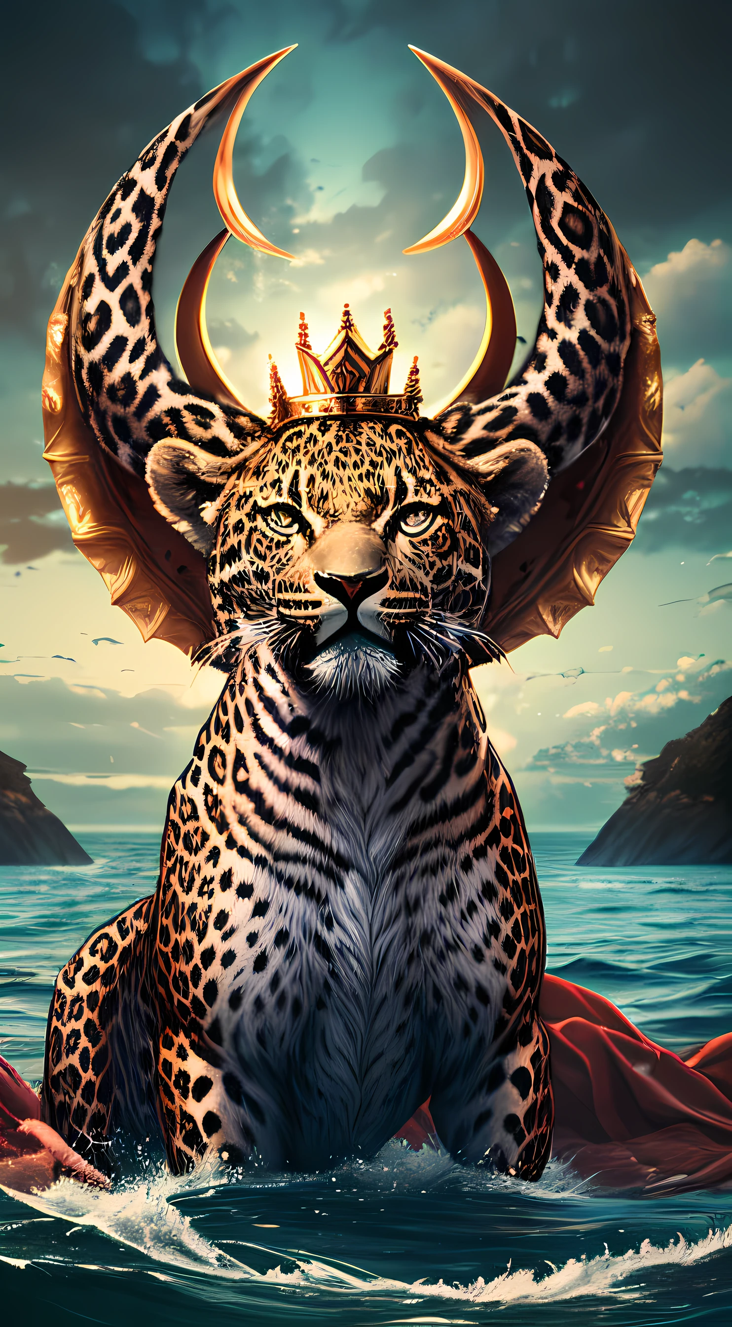 come out of the sea A creature with body leopard, with seven heads, with bear feet,
and a lion's mouth, with ten horns and ten crowns, one on each
cipher, and on each head a name of blasphemy,cinematic, 8k, realistic