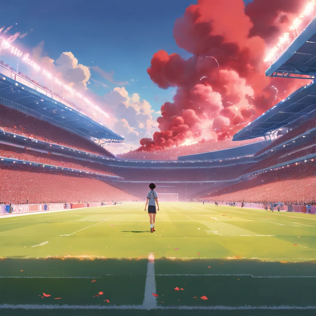 Create a view of the inside of a football field, Un joueur regardant la foule, Drapeaux rouges, Red Smoke Bombs, grand drapeau rouge, nom du stade: Charles Leclerc