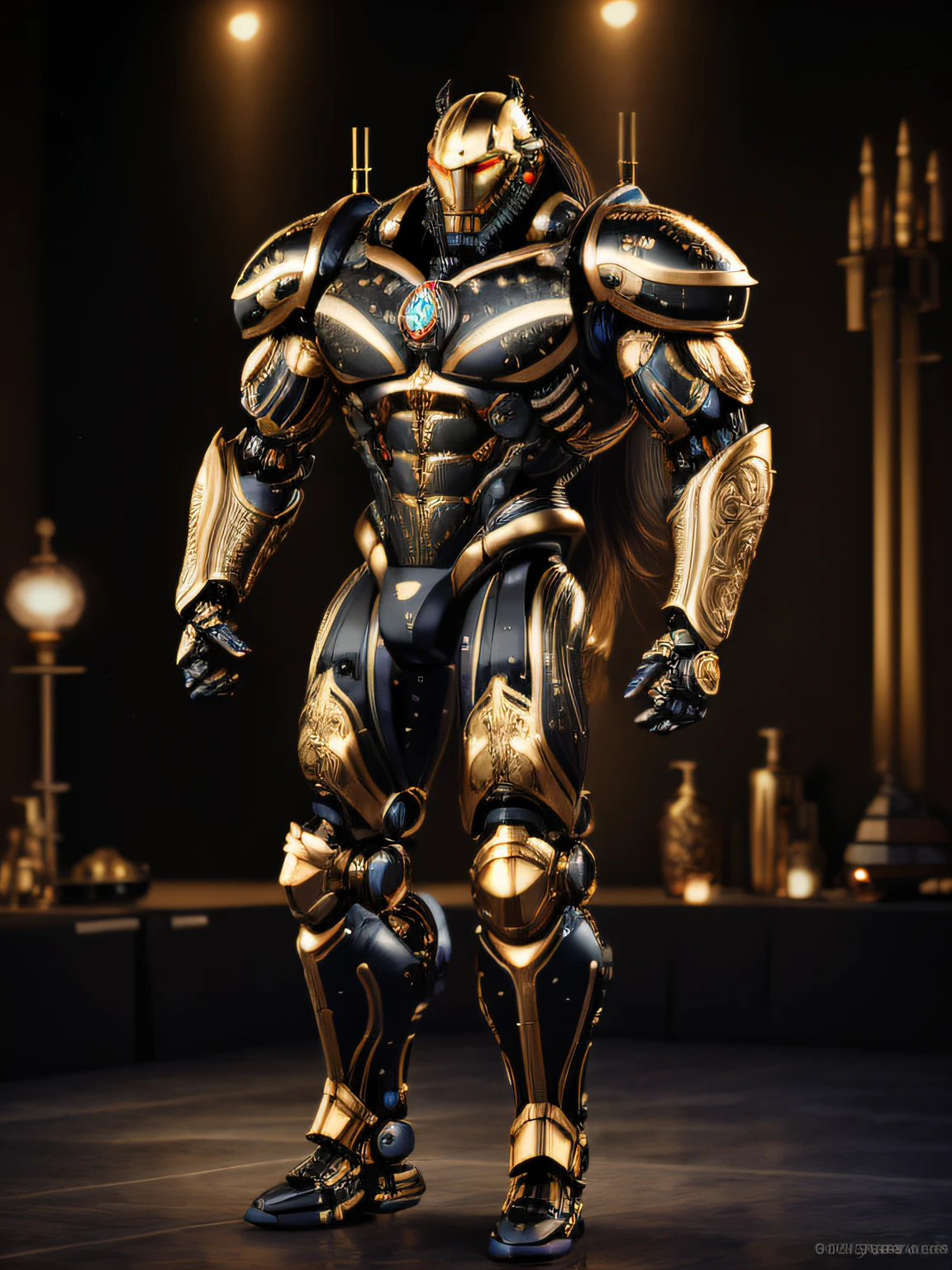 (ebonygoldai:1.25), (scifi:1.25), (one male).
Very detailed masculine face, heroic, detailed realistic open eyes, (muscular:1.5), narrow waist, (long hair), (slight smile).
detailed, intricate. (Robotic arms and legs), (human torso and head), (shirtless) (topless male) (exposed chest), boots, bracers, shoulder guards.
Realistic, photoreal, High contrast, high saturation, highly detailed, high quality, masterpiece, volumetric light, vibrant colors, bokeh, depth of field.
