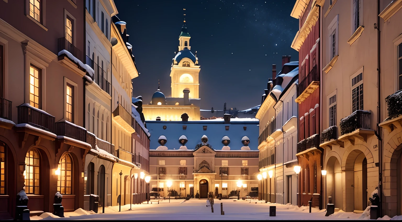 Square at Christmas with snow,  where it has a model palace building with sixteen windows, oito em cada andar, janelas retangulares uma porta Central grande, Balcony with three windows, escada grande que leva a porta central, duas torres quadradas anexas , pinheiros, neve caindo a noite