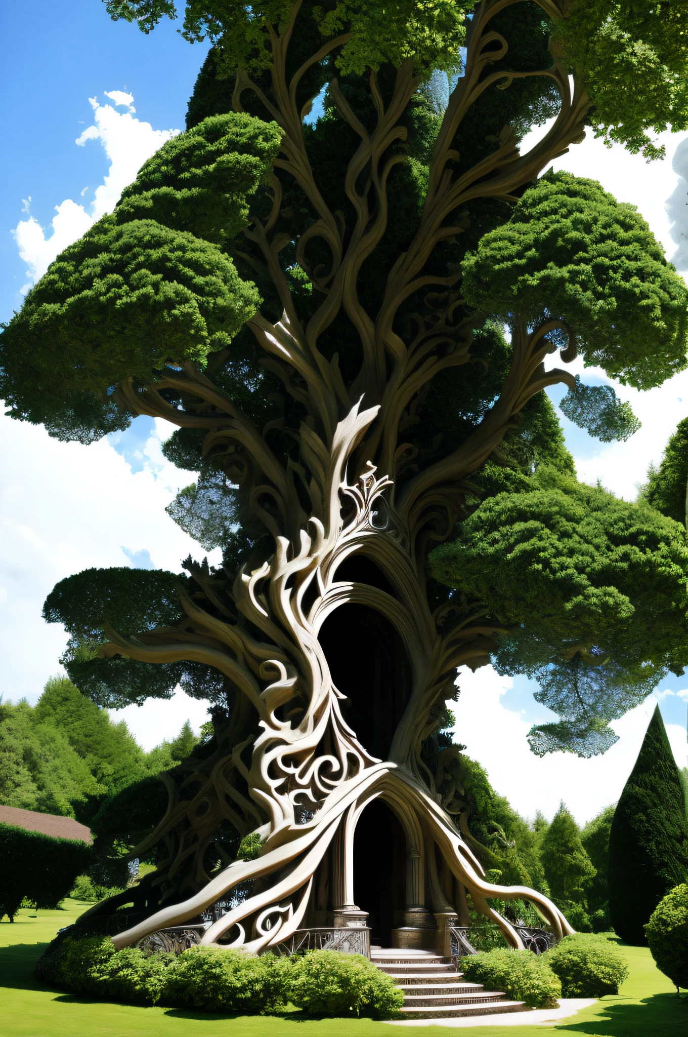 la statue d'un arbre colossal en pierre. crytal leaf. feuilles de verre brillant. Enchanted Castle. Grosses racines.