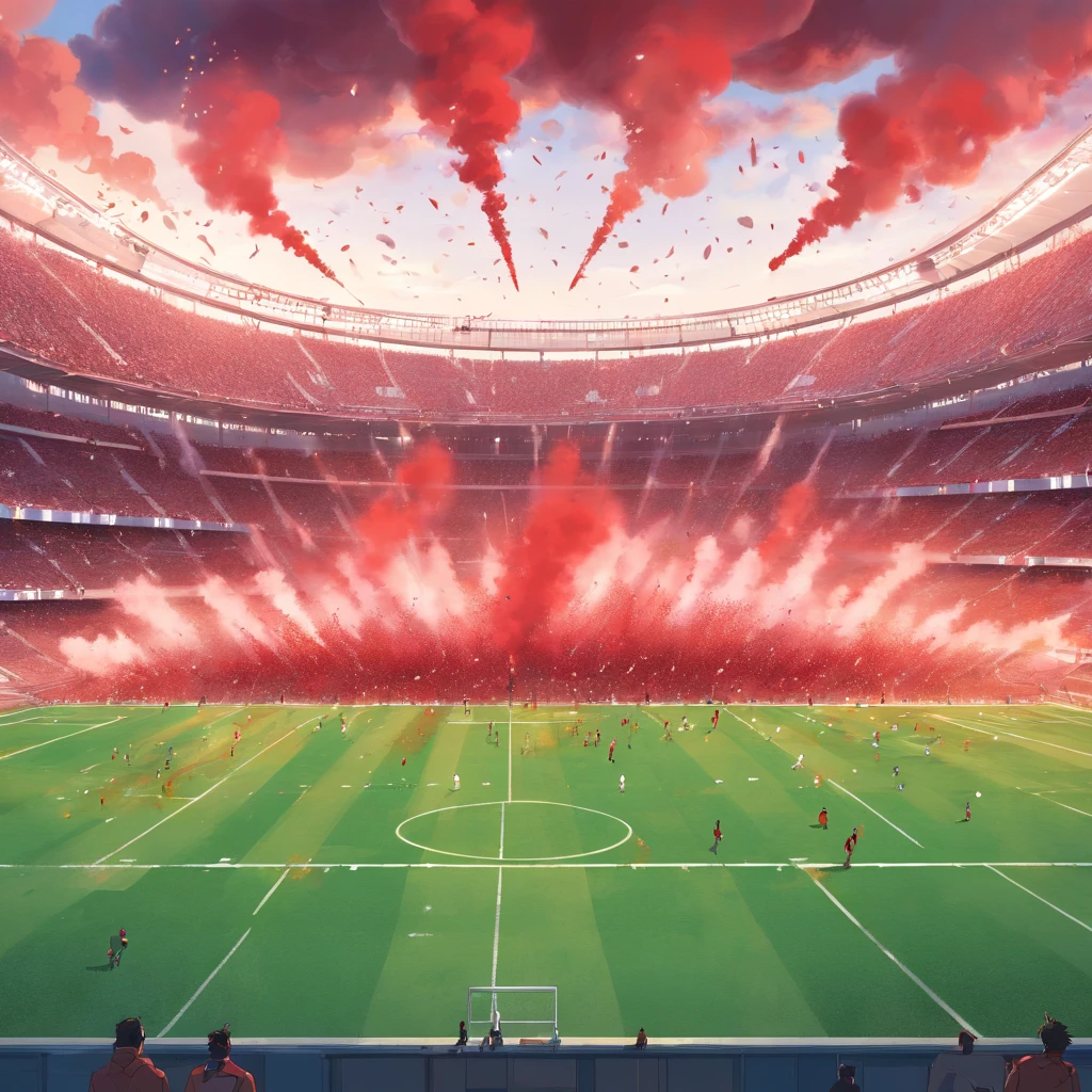 Create a view of the inside of a football field, Drapeaux rouges, Red Smoke Bombs, grand drapeau rouge, nom du stade: charles leclerc
