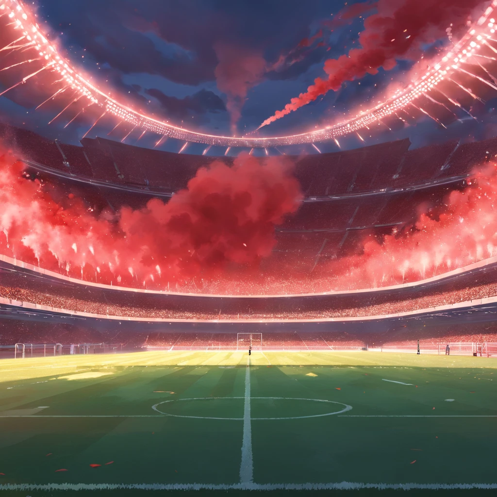 Create a view of the inside of a football field, Drapeaux rouges, Red Smoke Bombs, grand drapeau rouge, nom du stade: charles leclerc