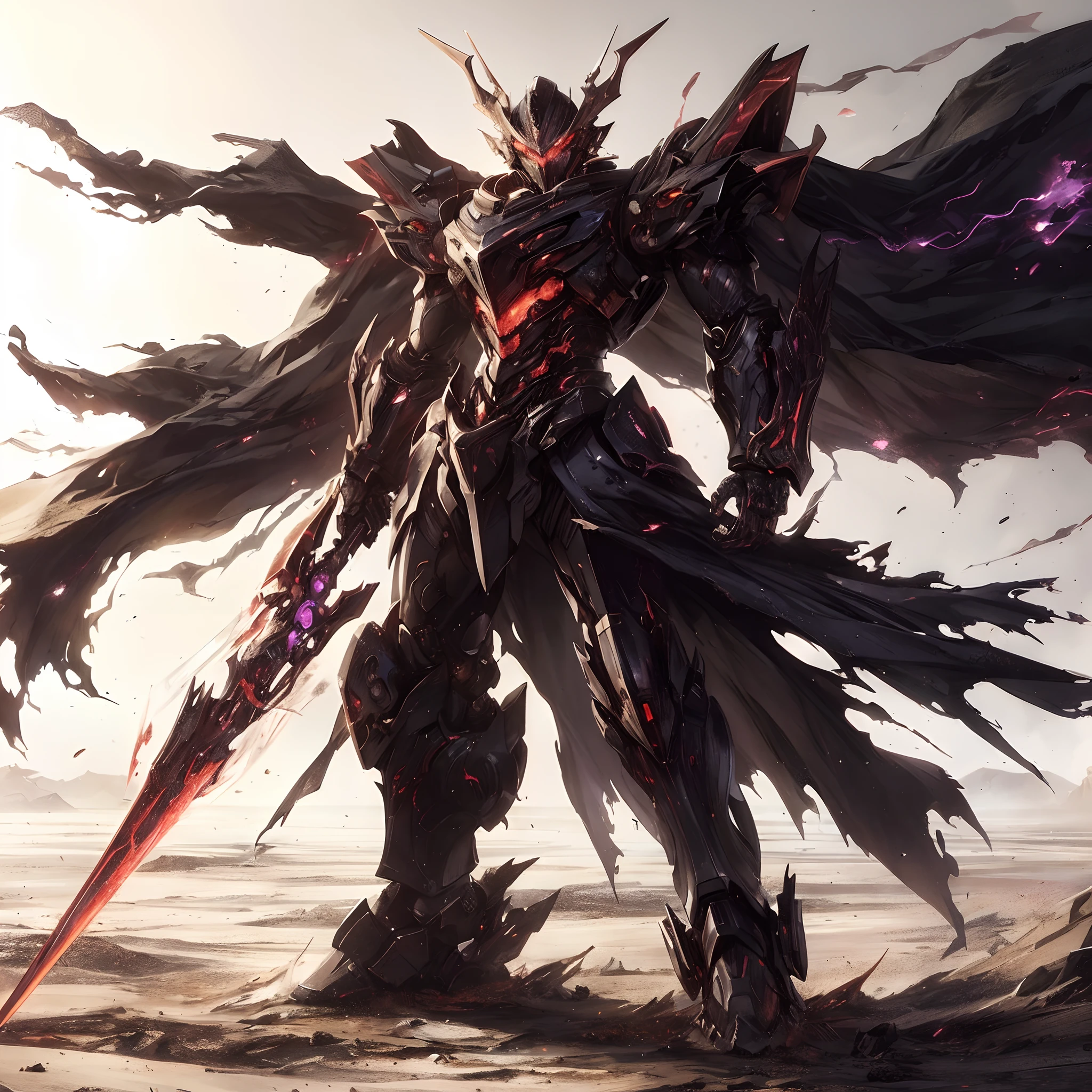 (masutepiece, Best Quality), Ultra-detailed, Anime style, Full body, New Exclusive Mobile Suit, Burnt black armor with gold accents, Standing in the wasteland, red eyes glowing, Wearing a shabby cloak, very stylish, 8K High Resolution, White background, Whole body, Hold Blade, Long Blade Antenna, Fist burning black and purple flames, Lightning is floating,