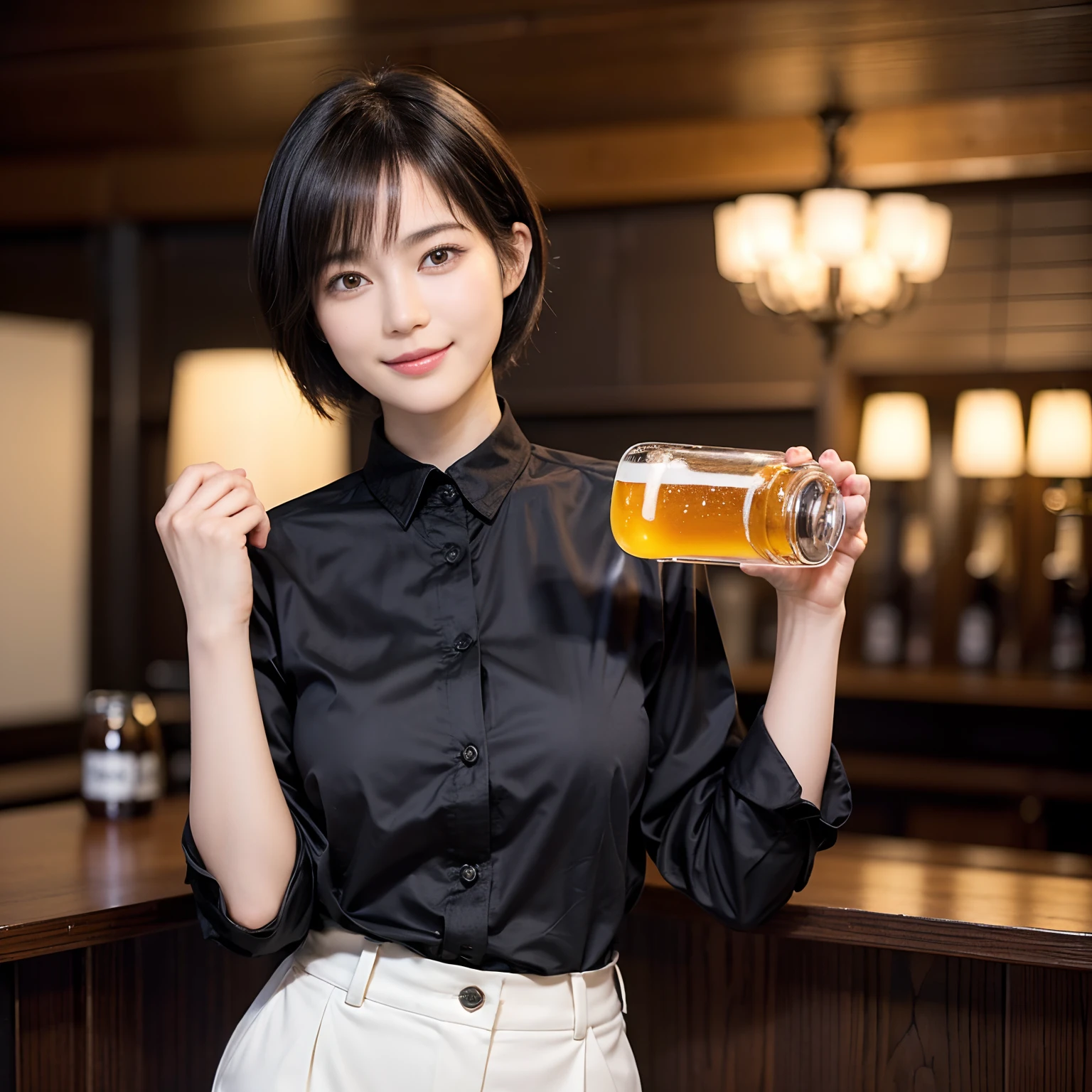 88
(a 20 yo woman,is standing), (A hyper-realistic), (masutepiece), ((short-hair:1.46)), (Smooth black hair), (Breast:1.0), (kindly smile), wear long pants, (Wearing a long-sleeved shirt), (Beautiful skin:1.5), (Drinking beer)