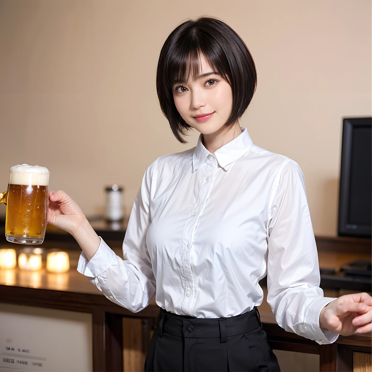 88
(a 20 yo woman,is standing), (A hyper-realistic), (masutepiece), ((short-hair:1.46)), (Smooth black hair), (Breast:1.0), (kindly smile), wear long pants, (Wearing a long-sleeved shirt), (Beautiful skin:1.5), (Drinking beer)