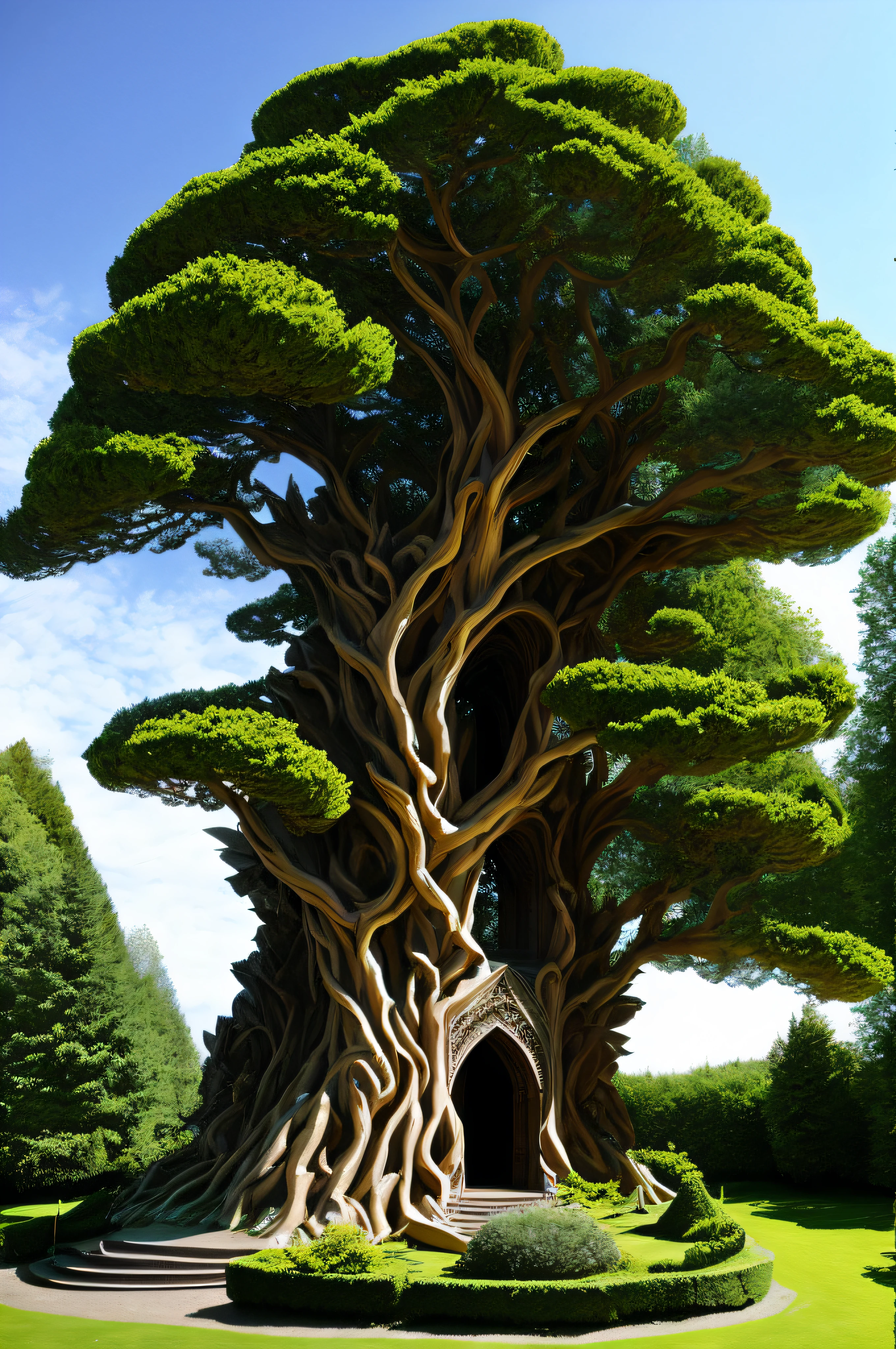 la statue d'un arbre colossal en pierre. crytal leaf. feuilles de verre brillant. Enchanted Castle. Grosses racines.