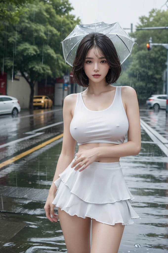 ((Best Quality, 8k, Masterpiece:1.3)), Focus:1.2, Perfect Body Beauty:1.4, Buttocks:1.2, (Layered Haircut, Big Breasts:1.2)), (Wet Clothes:1.1), (Rain, Street:1.3), Dresses: 1.1, Highly detailed face and skin texture, Fine eyes, Double eyelids, Whitening skin, Hip skirt