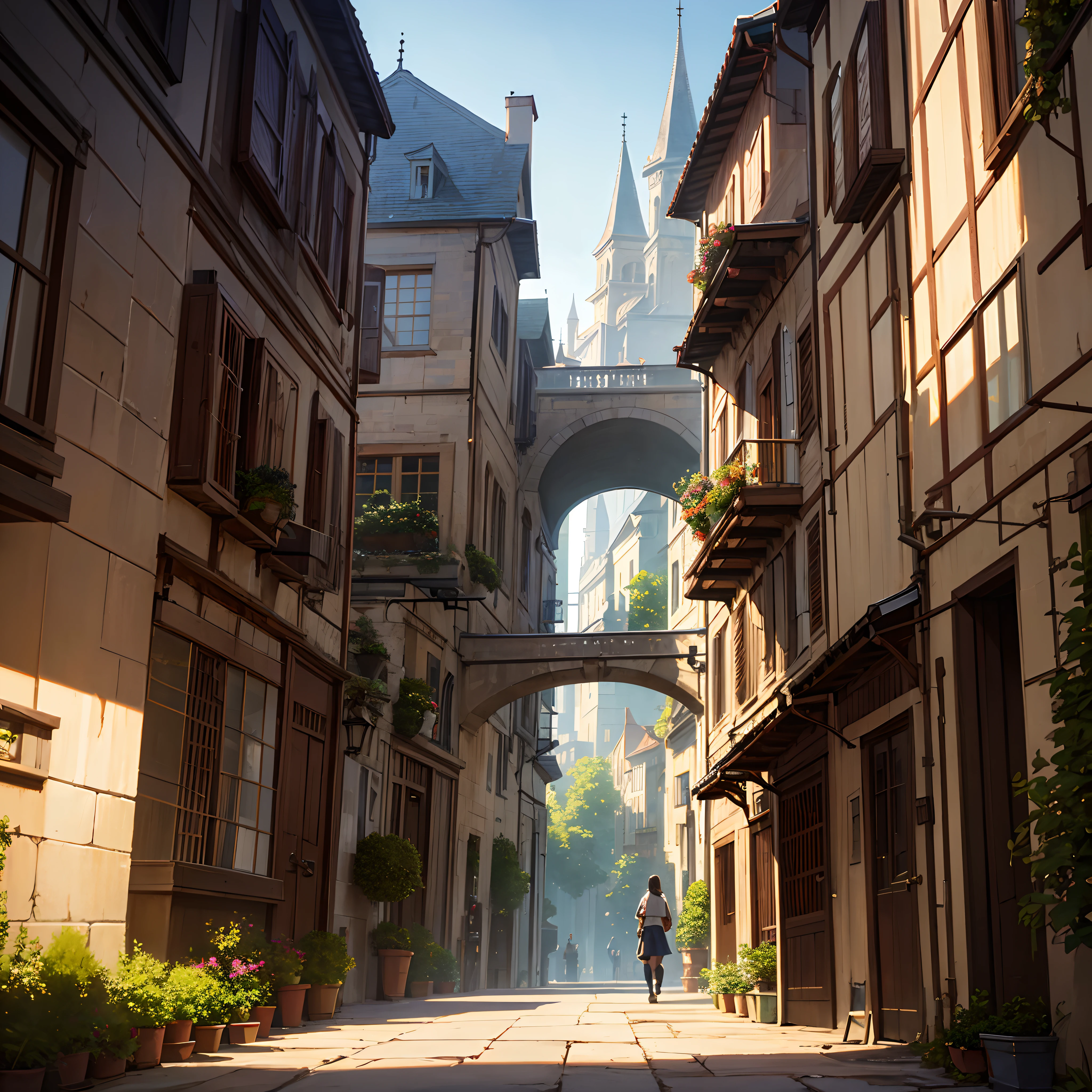 4k, realistic, very detailed, wide angle lens, moist medieval town, vibrant, fantastical plants, a big house, Makoto Shinkai style, anime background, concept art, (no characters appearing), realistic lighting, epic composition, diffuse, (masterpiece, best quality), super hd, 32k --v 6