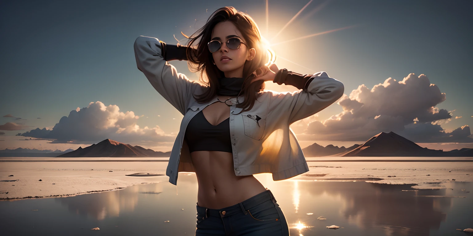 1 mujer, ropa casual, gafas de sol, cabello largo, cabello color negro, atardecer, salt flat de fondo, suelo con reflejos