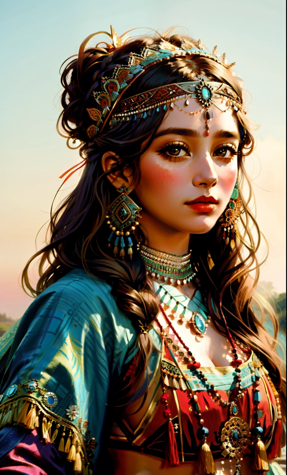 A woman with a headband, lovely bohemian princess, cocar de joias, Bohemian style, bohemian fashion, bohemian, Uma jovem mulher como Genghis Khan, cocar, headpiece ornamentado | |, boho - chique, head piece, Boho Chique, mulher linda, cocar cromado intrincado, Directed by: Maria Bashkirtseff