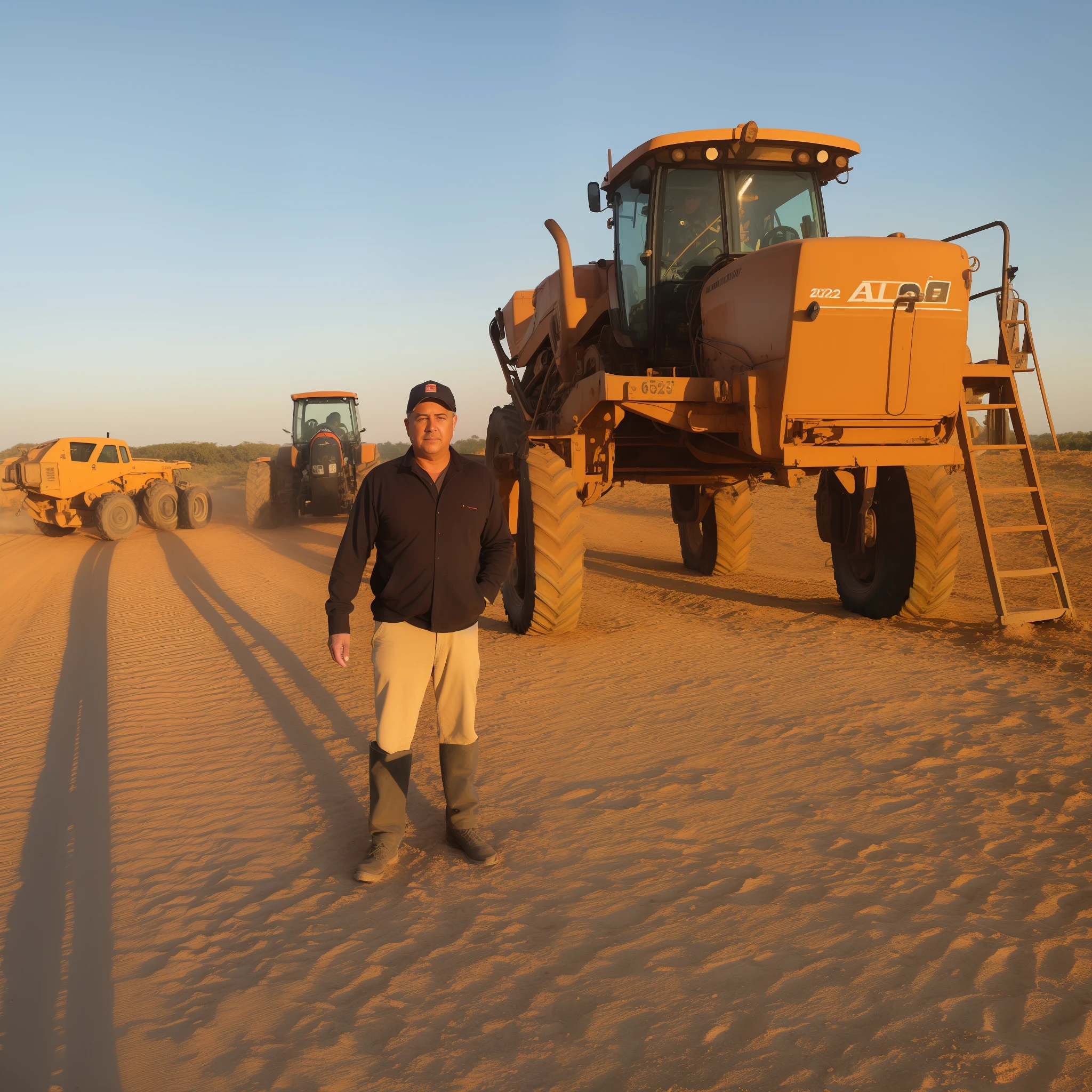 There's a man standing in front of a tractor on a dirt road, trabalho pioneiro suado e grosseiro, agricultor, agricultor alto, Directed by: Jeffrey Smith, Directed by: Scott M. Fischer, Foto de perfil, Fotografia tirada em 2 0 2 0, Directed by: Robert Richenburg, tiro de corpo inteiro, 2 0 2 2 foto, imagem de alta qualidade, Directed by: Robert Brackman, bottom angle