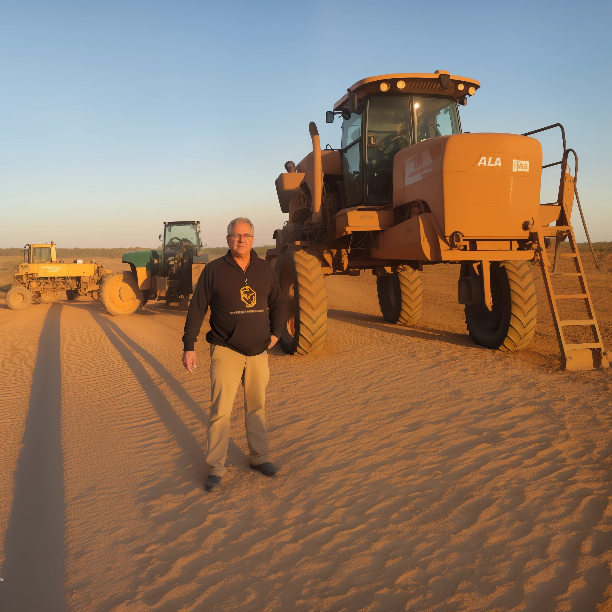There's a man standing in front of a tractor on a dirt road, trabalho pioneiro suado e grosseiro, agricultor, agricultor alto, Directed by: Jeffrey Smith, Directed by: Scott M. Fischer, Foto de perfil, Fotografia tirada em 2 0 2 0, Directed by: Robert Richenburg, tiro de corpo inteiro, 2 0 2 2 foto, imagem de alta qualidade, Directed by: Robert Brackman, bottom angle