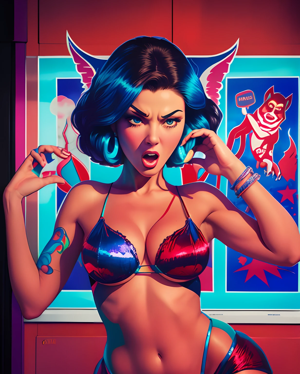 there is a woman posing in front of a poster with a monkey on it, frank kozik, with neon lights, angry high moral sexy werewolf, by Ignacio Zuloaga, burlesque psychobilly, sexy look, bold rave outfit, neon noir, maniac look, inspired by Tadanori Yokoo, alex yanes, by Matteo Pérez