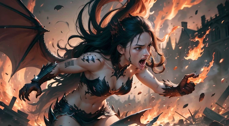 ((best quality, masterpiece, highres, super detail, UHD, HDR, textured skin, 16k, ultra-detailed, ultra high res)), hyperrealism, 1woman, ((scaled humanoid)), angry, human-face, vampire fangs, claws, dynamic action, epic composition, perspective, burning flame, cinema lens, collapsed castle, burnt, dynamic background, tered rubbles, whirling flame