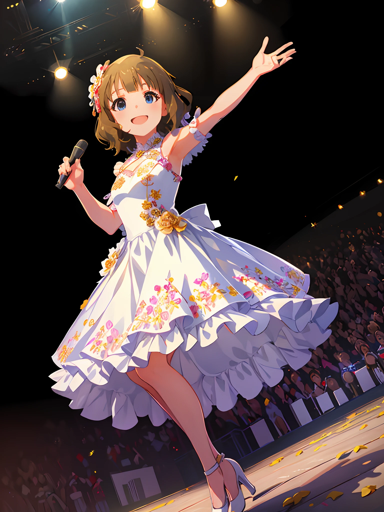 momoko suou (million live), Best Quality, masutepiece, High resolution, 8K, Ultra-detailed, Detailed face, Smile, waving at viewer, (((Line Dress, White Dress, Floral dress, pumps))), sing at stage, concert, concert light,