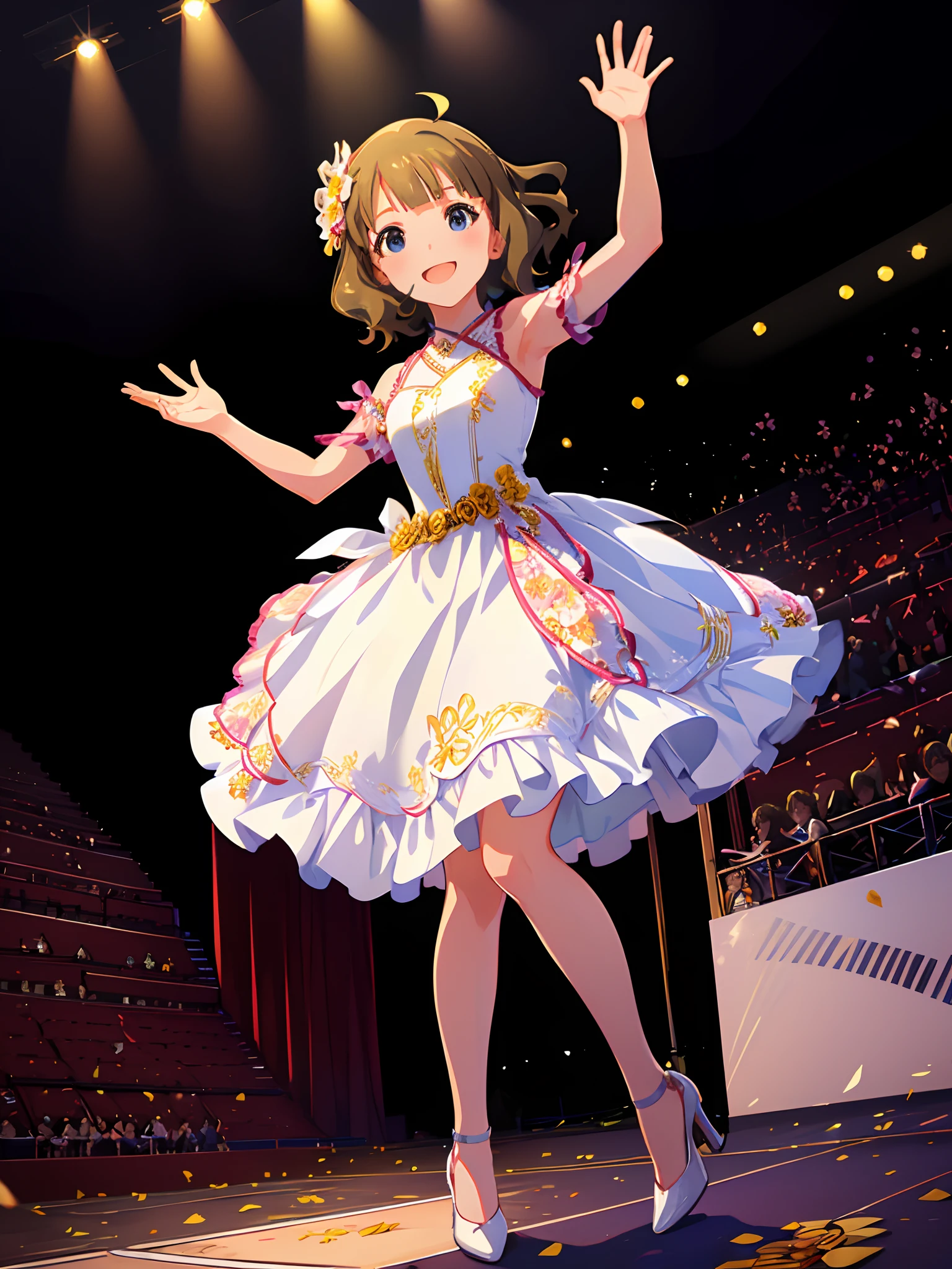 momoko suou (million live), Best Quality, masutepiece, High resolution, 8K, Ultra-detailed, Detailed face, Smile, waving at viewer, (((Line Dress, White Dress, Floral dress, pumps))), sing at stage, concert, concert light,