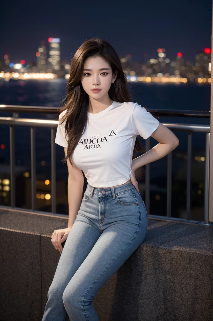 ((Midnight, Acura, 8K, Masterpiece: 1.3)), Full body, Long legs, Focal length: 1.2, Perfect Body Beauty: 1.4, Slim Abs: 1.1, ((Dark Brown Hair, Big Breasts: 1.2 )), (White Skinny T-shirt, Denim Biggies, Standing: 1.2), ((City Night View, Roof: 1.3)), Highly detailed face and skin texture, Detailed eyes, Double eyelids, Half
