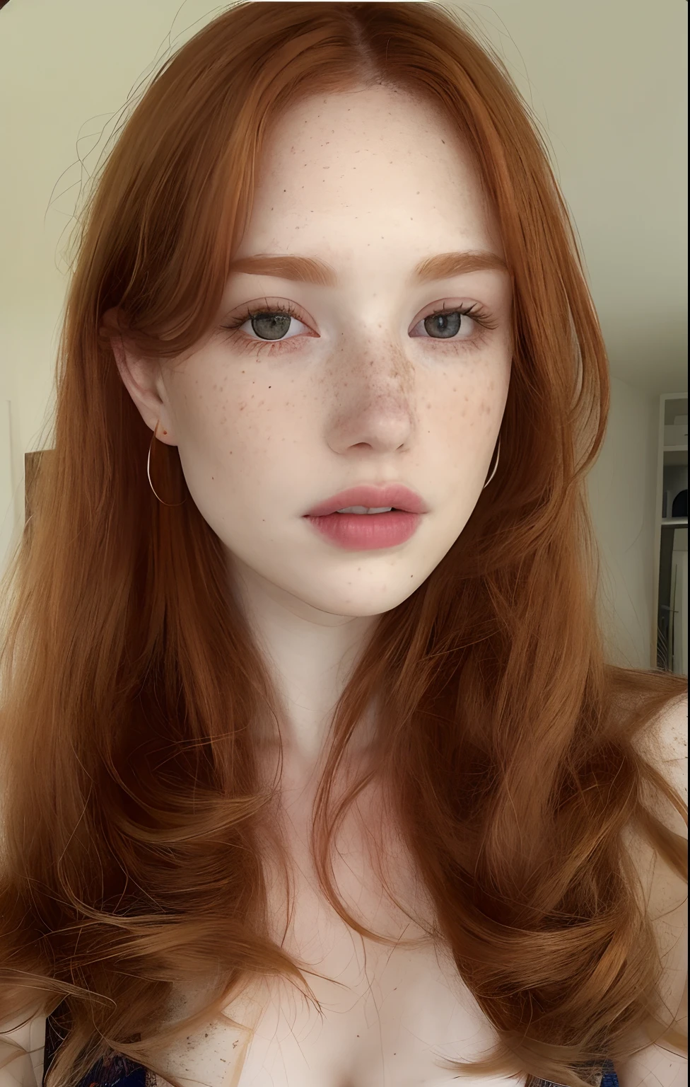 (Selfie, Plan: 1.4) a photo of a seductive woman with loose styled (redhead hair:1.1), mascara, (textured skin, skin pores:1.1), (moles:0.8), imperfect skin, goosebumps, flawless face, (light freckles:0.9), (sun-kissed:1.1), ((photorealistic):1.1), (raw, 8k:1.3), grey eyes, pale skin